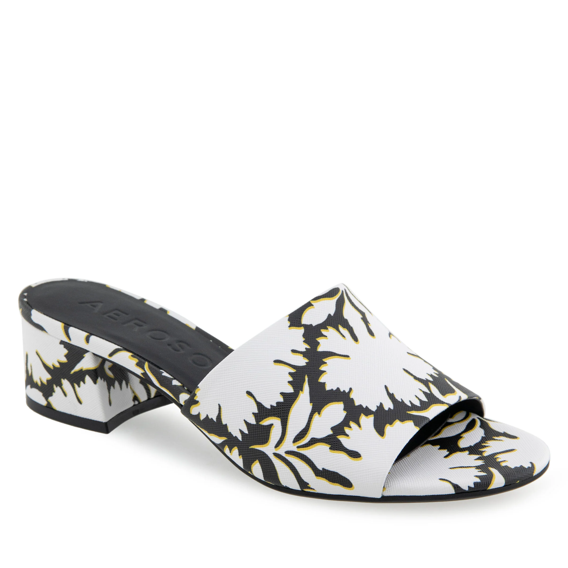 Como Sandal Block Heel | White/Black Printed Floral Faux Leather