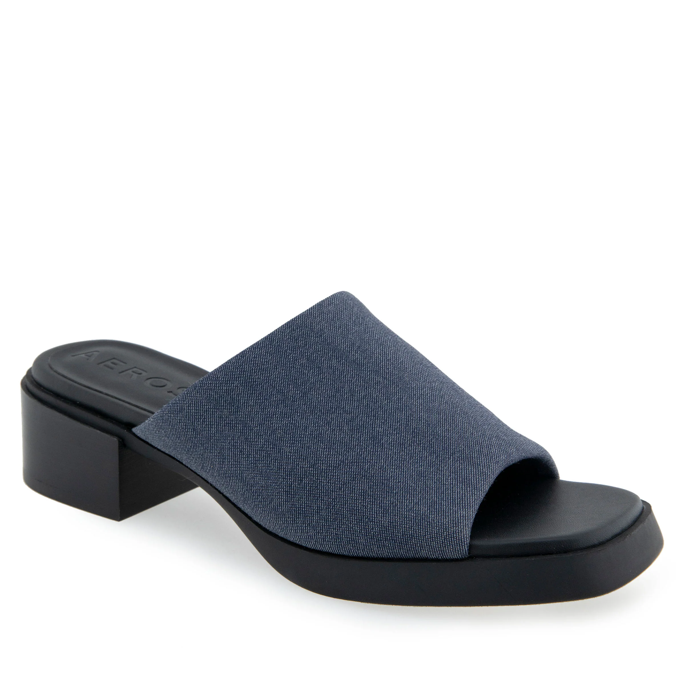 Denise Sandal Block Heel | Dark Blue Stretch Fabric