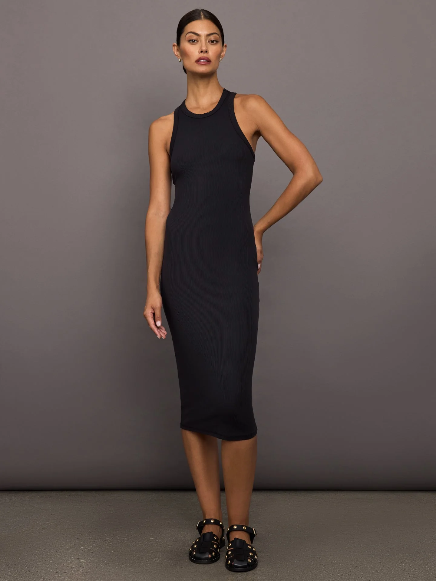 High Neck Tank Dress in Ribbed Melt | Black