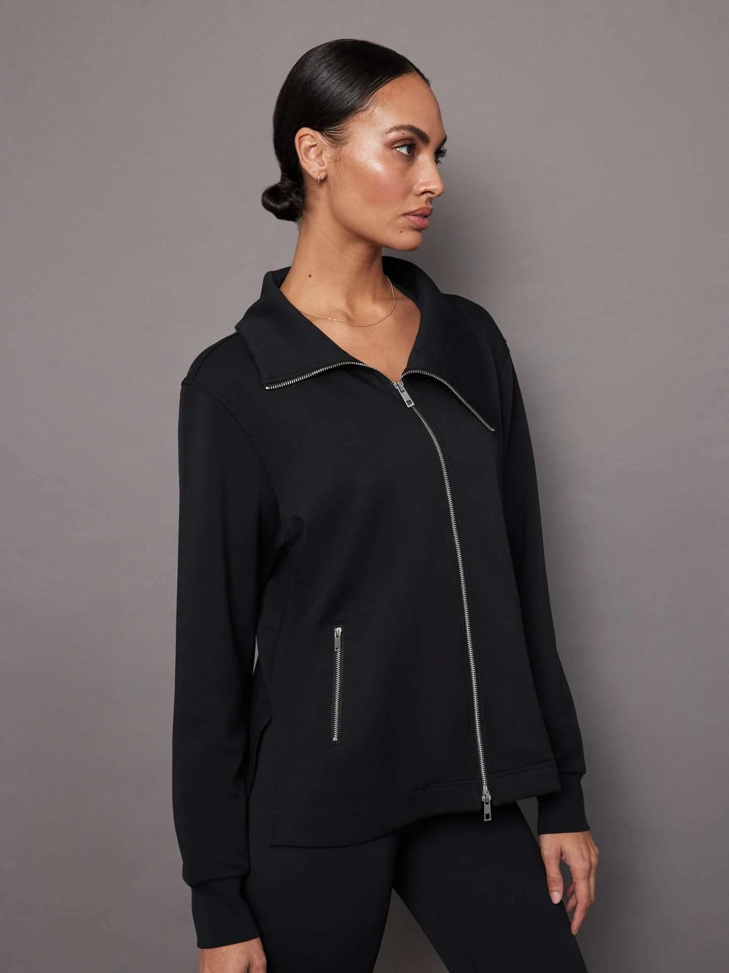 Carbon38 | Knit Jacket with Asymmetrical Zip in Interlock | Black - Image 3