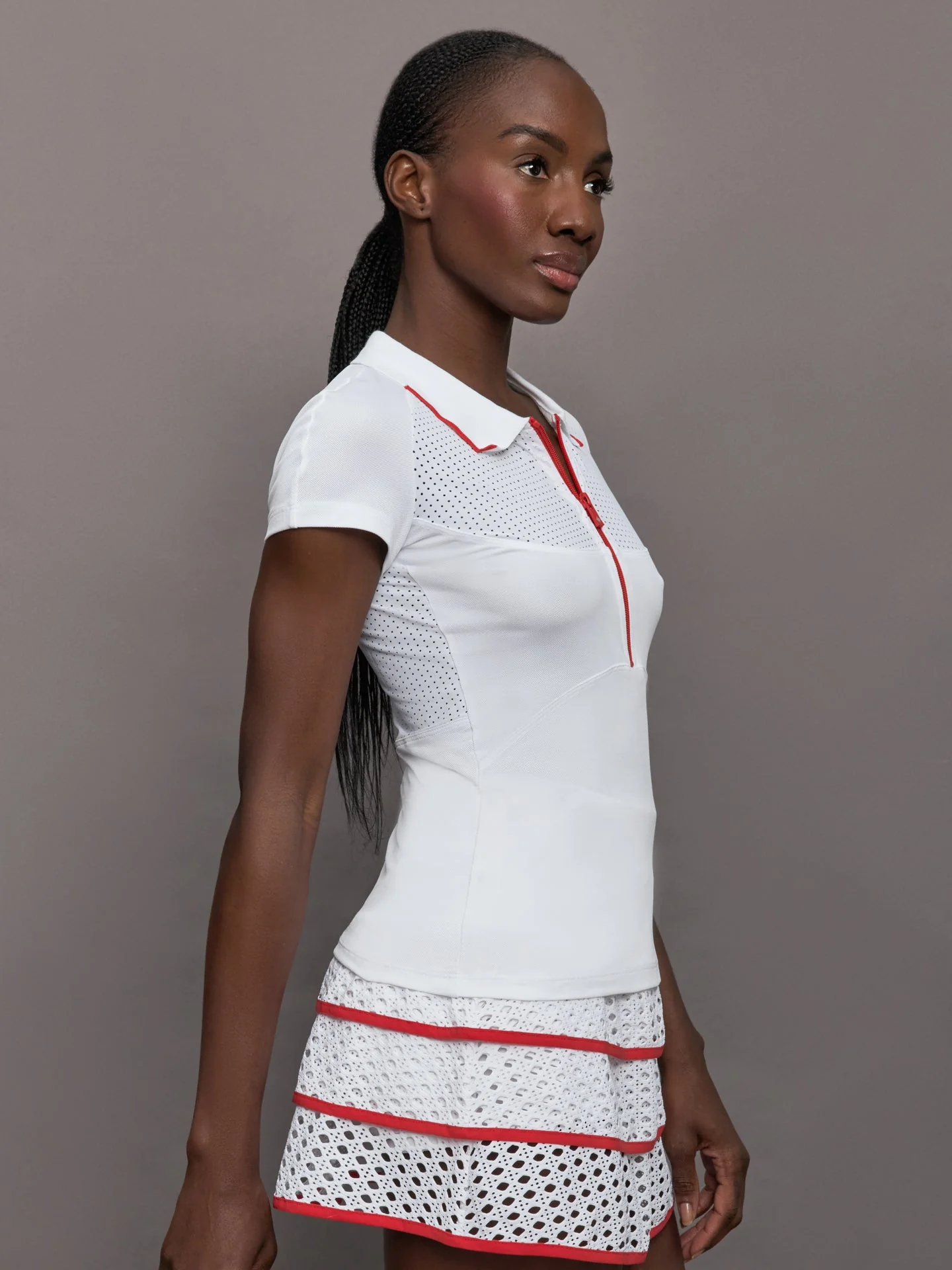 L'Etoile Sport | Mesh Zip Performance Polo | White With Red Trim - Image 3