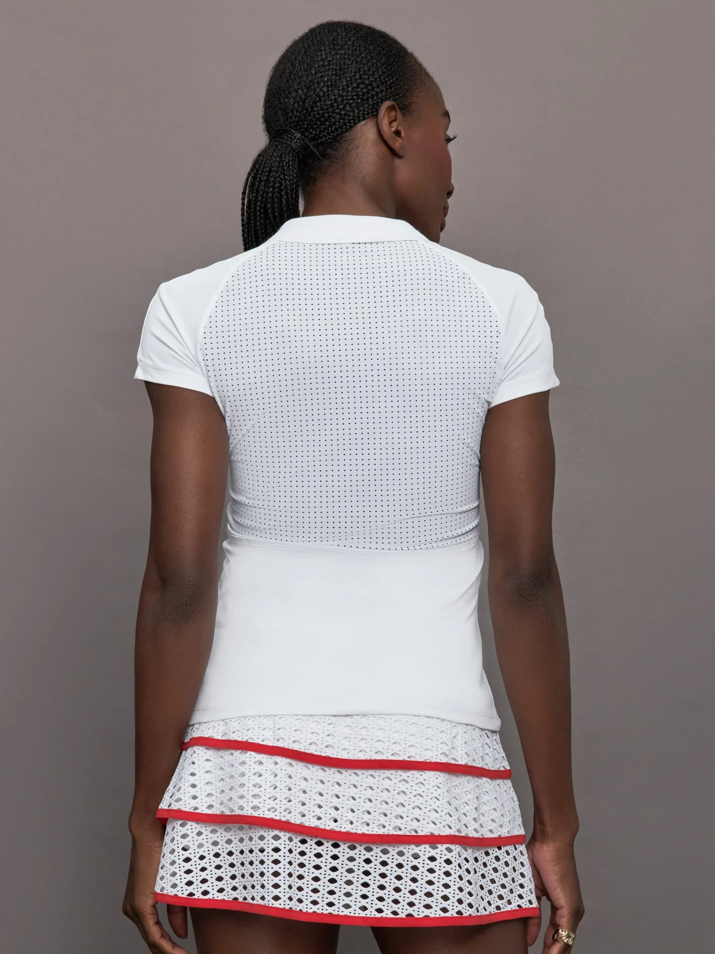 L'Etoile Sport | Mesh Zip Performance Polo | White With Red Trim - Image 4