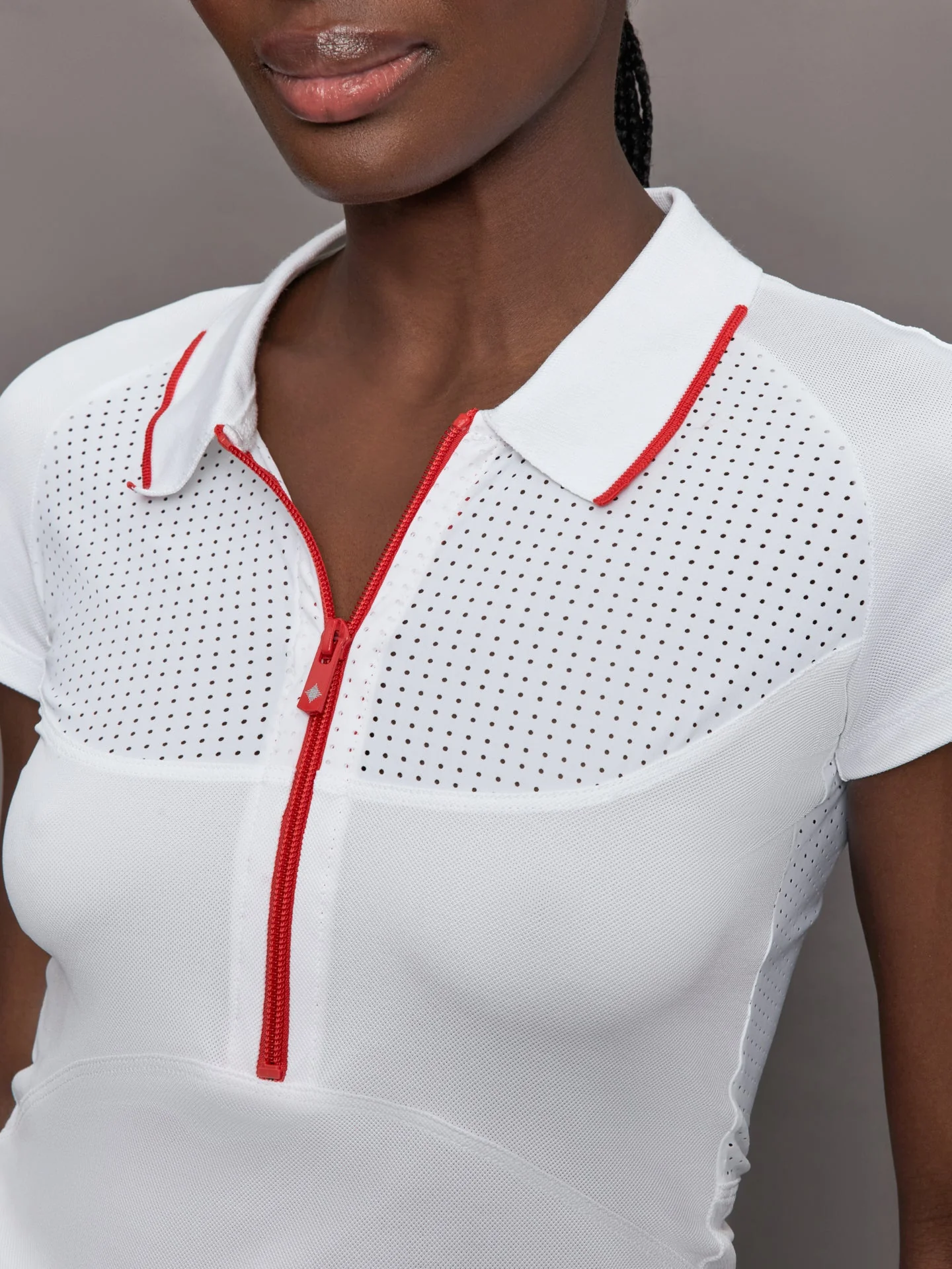 L'Etoile Sport | Mesh Zip Performance Polo | White With Red Trim - Image 5