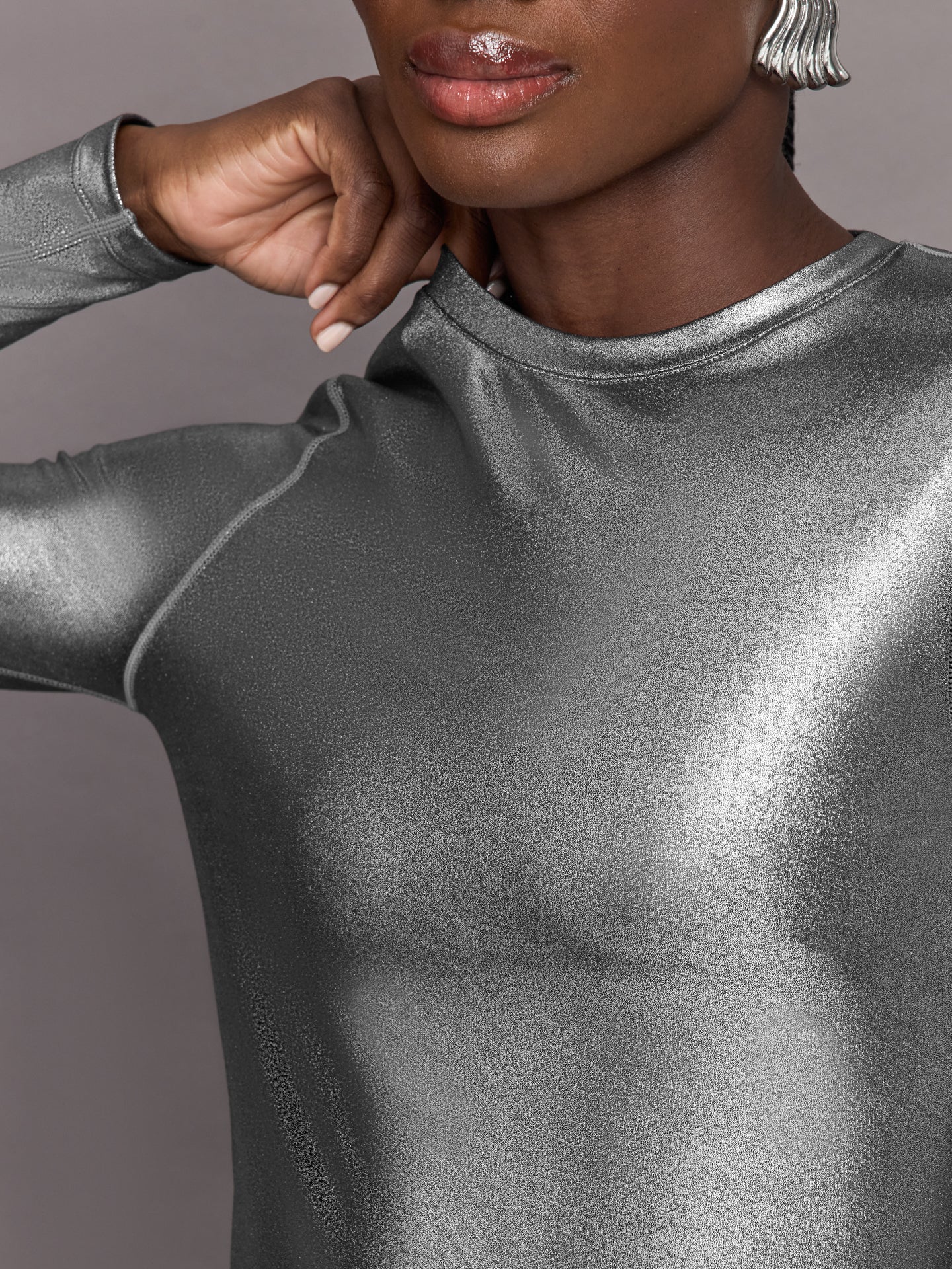 Carbon38 | Liquid Metallic Long Sleeve Top | Metallic Silver - Image 3