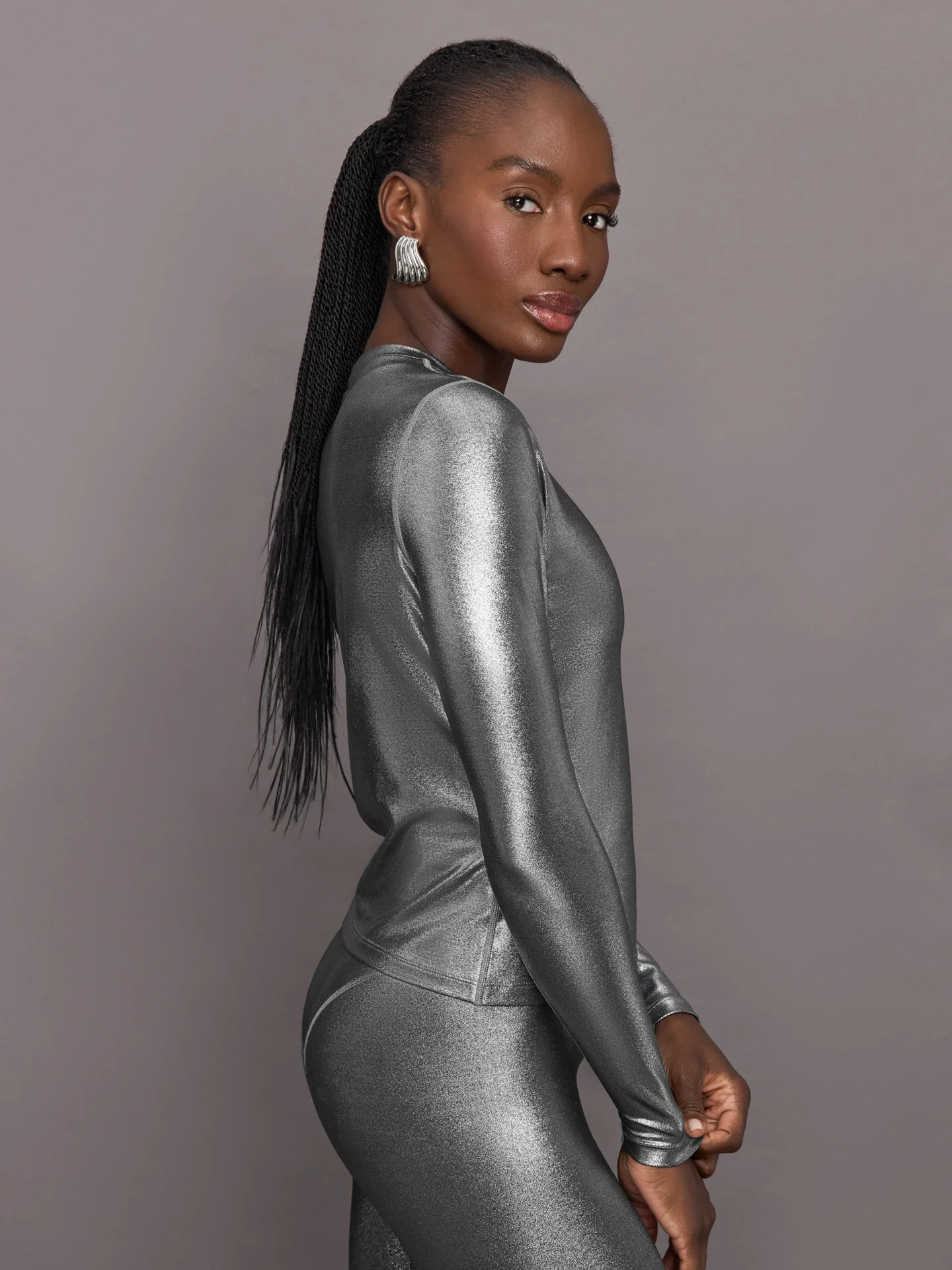 Carbon38 | Liquid Metallic Long Sleeve Top | Metallic Silver - Image 4