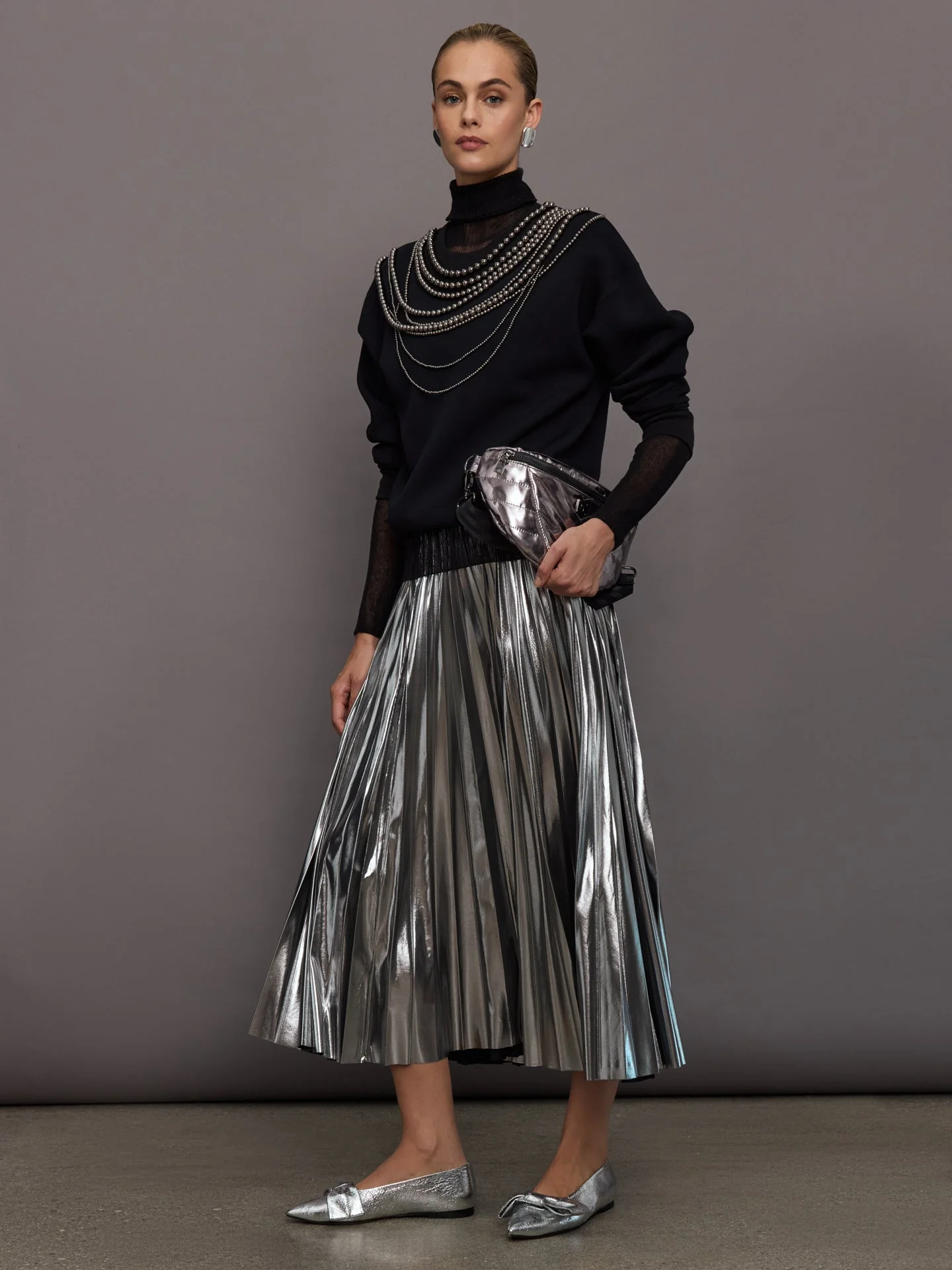 Carbon38 | Metallic Pleated Skirt | Silver - Image 2