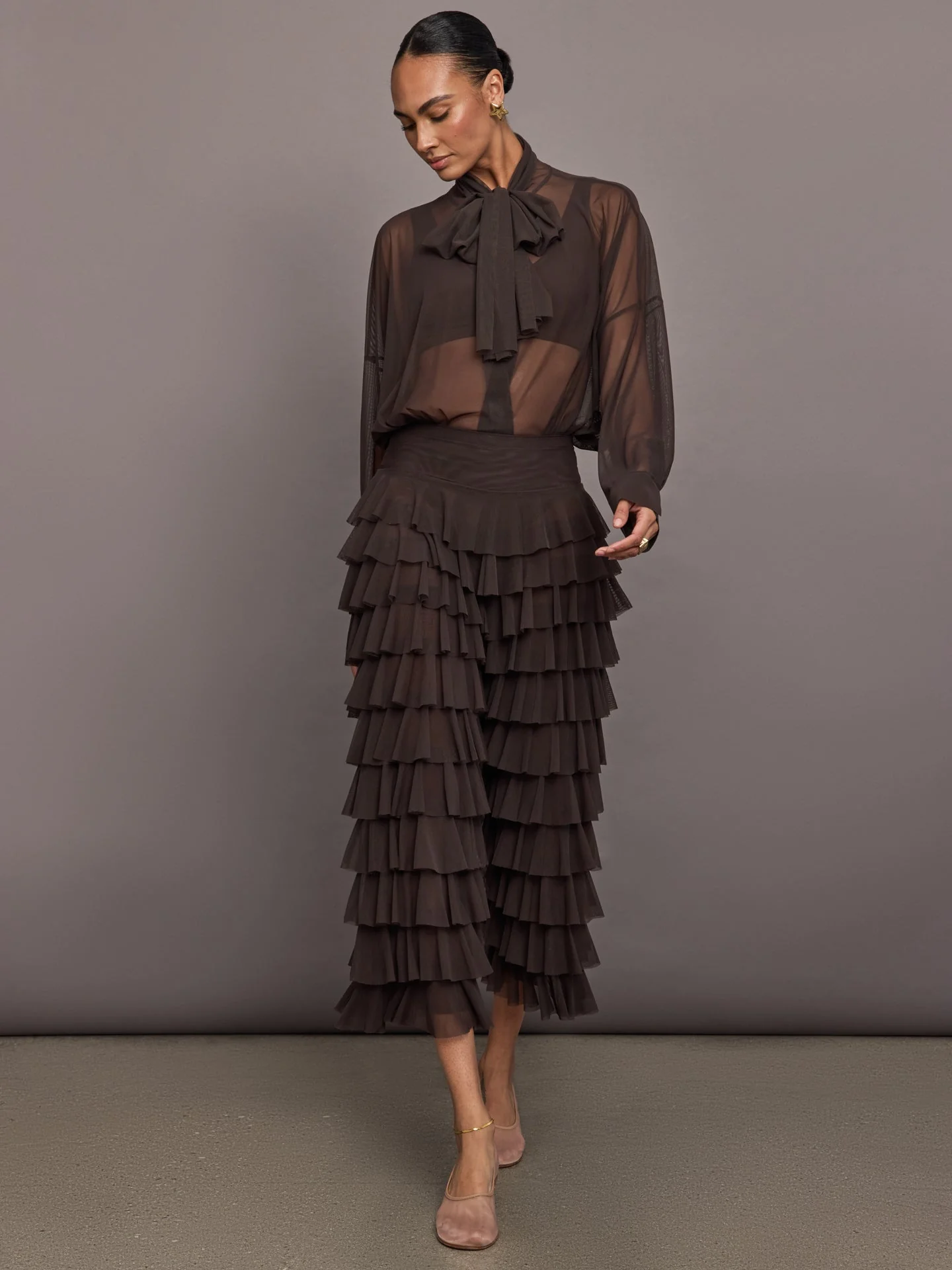 Norma Kamali | Wide Leg Ruffle Pant | Espresso