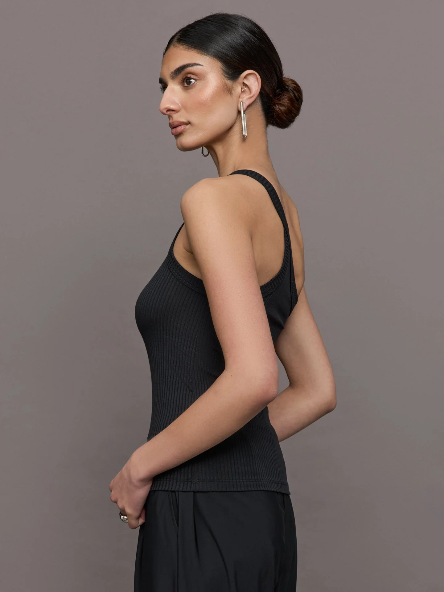 Carbon38 | One Shoulder Tank in Ribbed Jersey | Black - Image 3