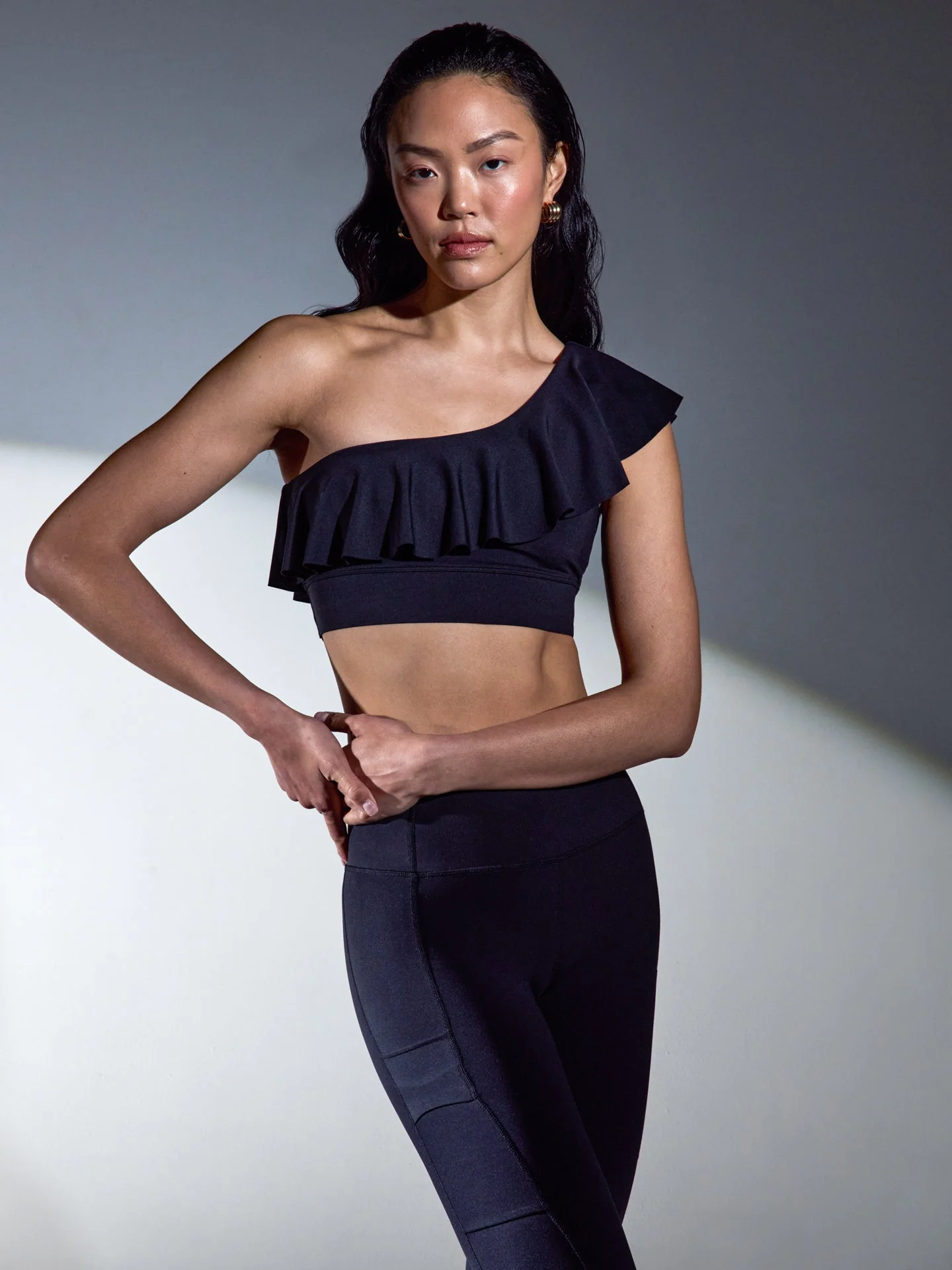 Carbon38 | Ruffle One Shoulder Bra in Diamond Compression | Black - Image 2