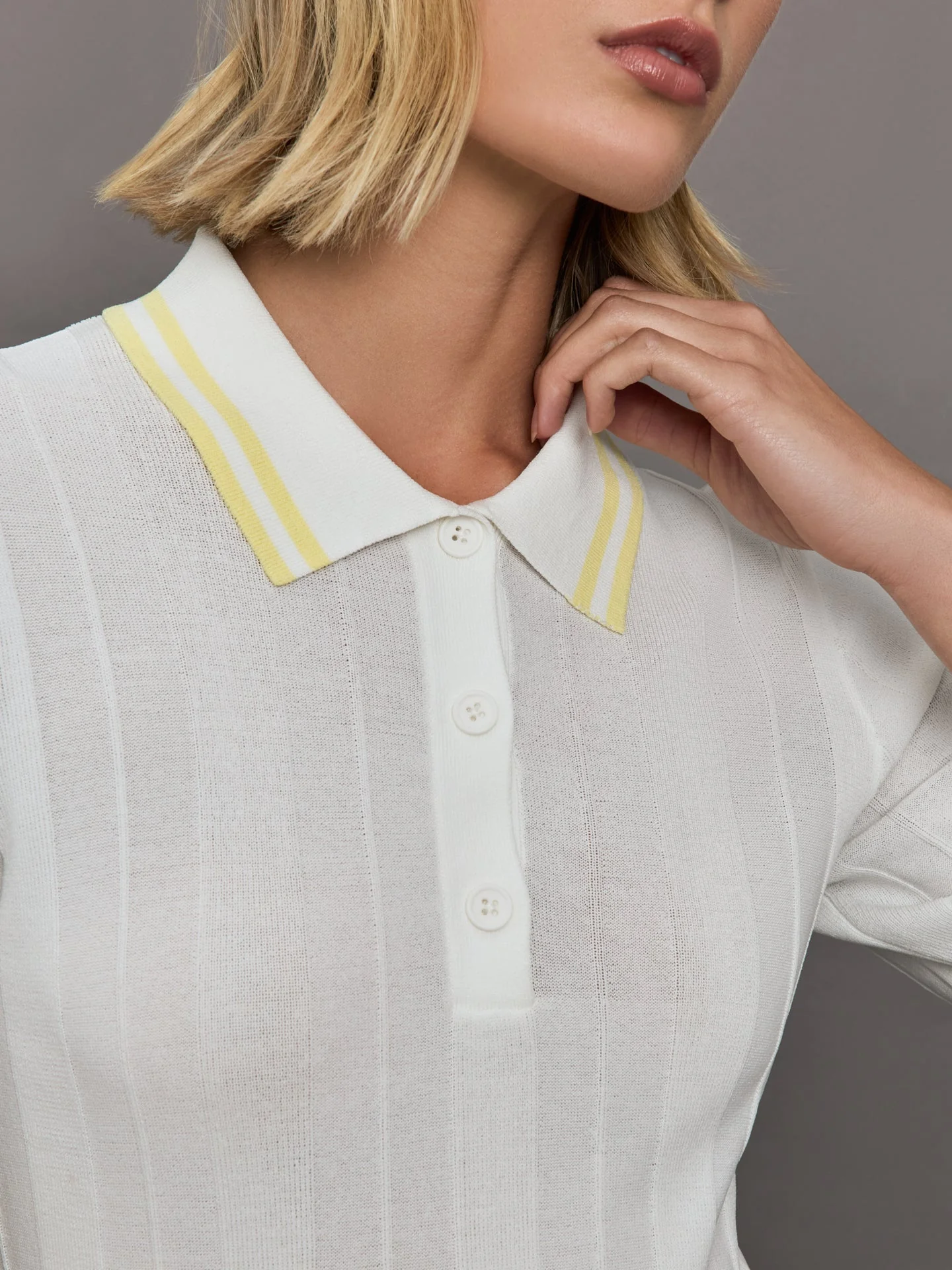 Carbon38 | Short Sleeve Collared Tennis Top | White/Pastel Yellow - Image 3