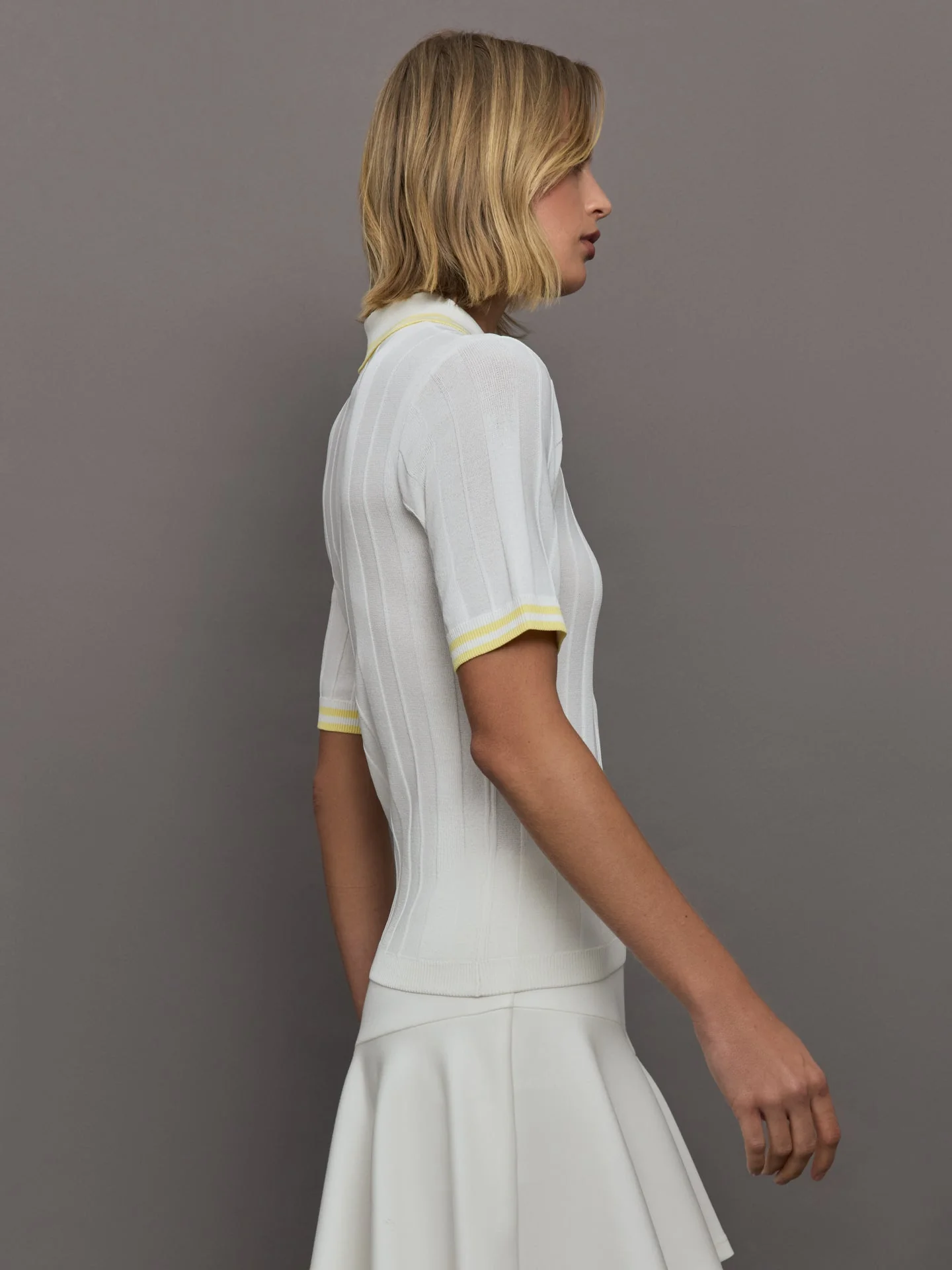 Carbon38 | Short Sleeve Collared Tennis Top | White/Pastel Yellow - Image 4