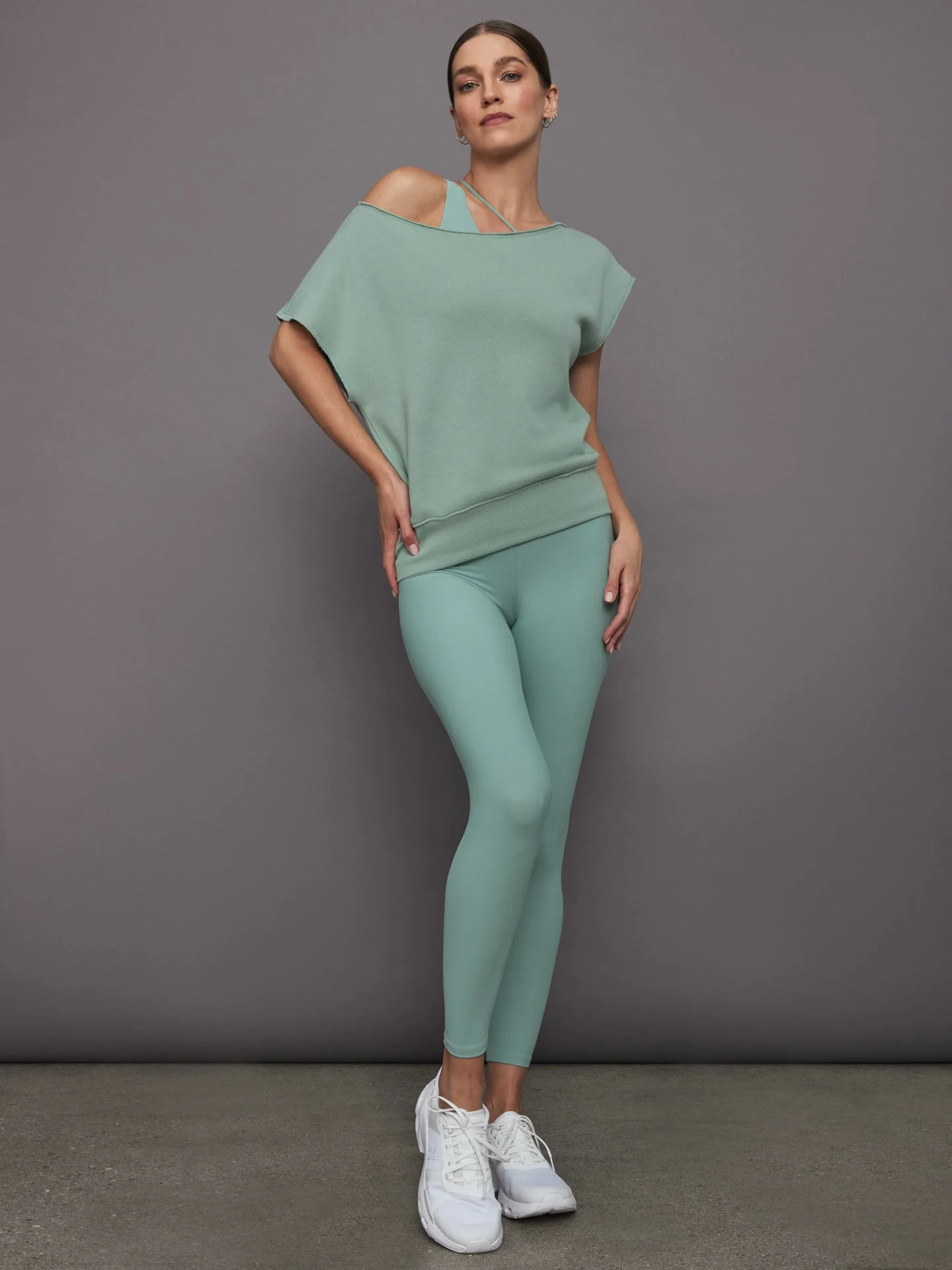 Carbon38 | Short Sleeve Off Shoulder Sweatshirt in French Terry | Granite Green - Image 2