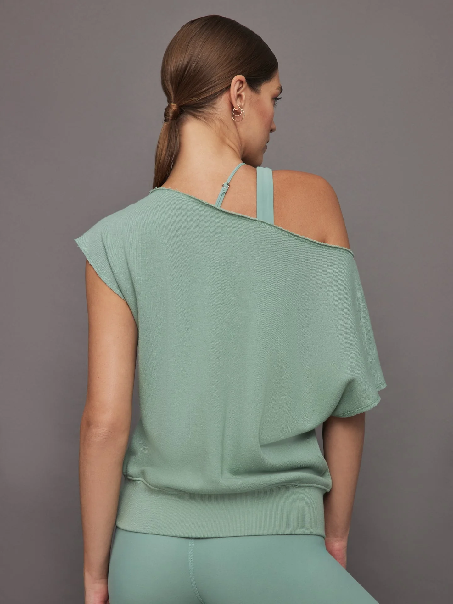 Carbon38 | Short Sleeve Off Shoulder Sweatshirt in French Terry | Granite Green - Image 4
