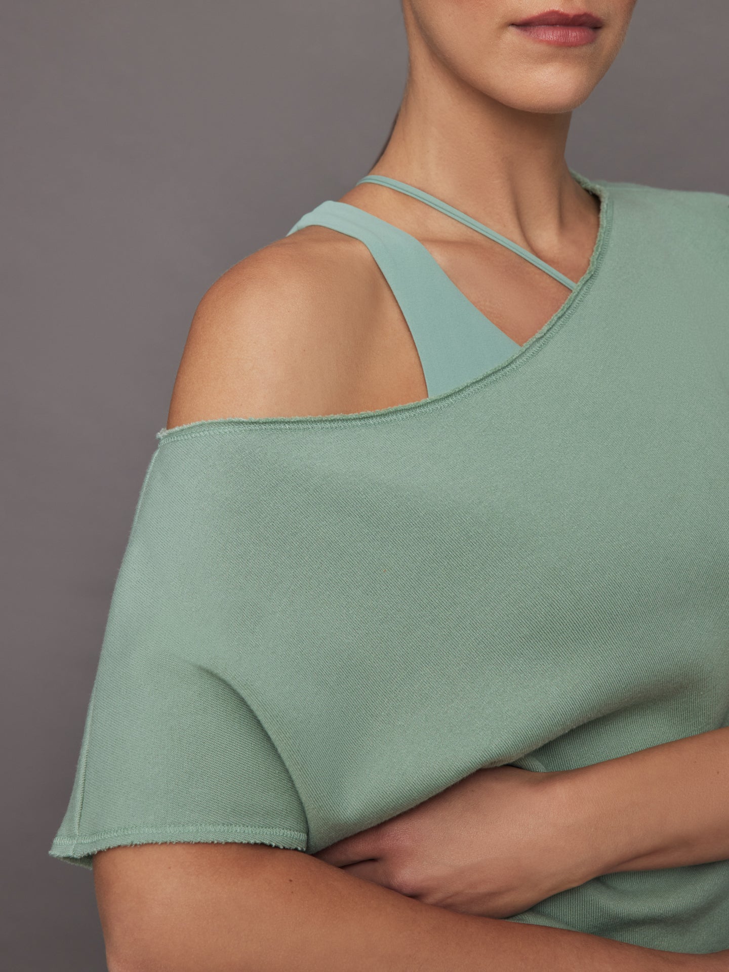 Carbon38 | Short Sleeve Off Shoulder Sweatshirt in French Terry | Granite Green - Image 5