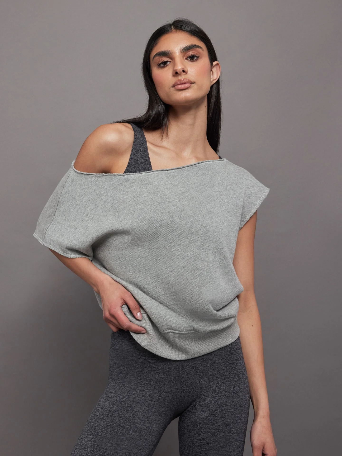 Carbon38 | Short Sleeve Off Shoulder Sweatshirt in French Terry | Heather Grey