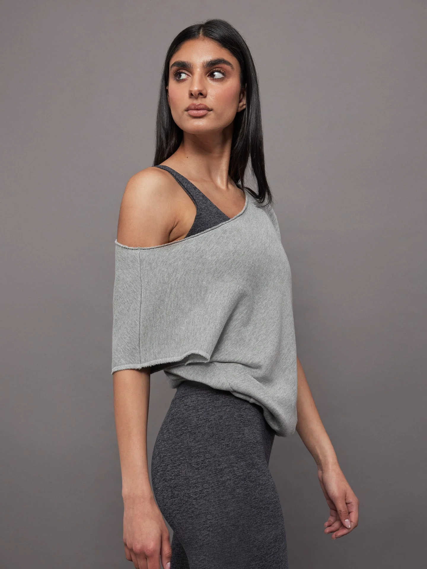 Carbon38 | Short Sleeve Off Shoulder Sweatshirt in French Terry | Heather Grey - Image 2