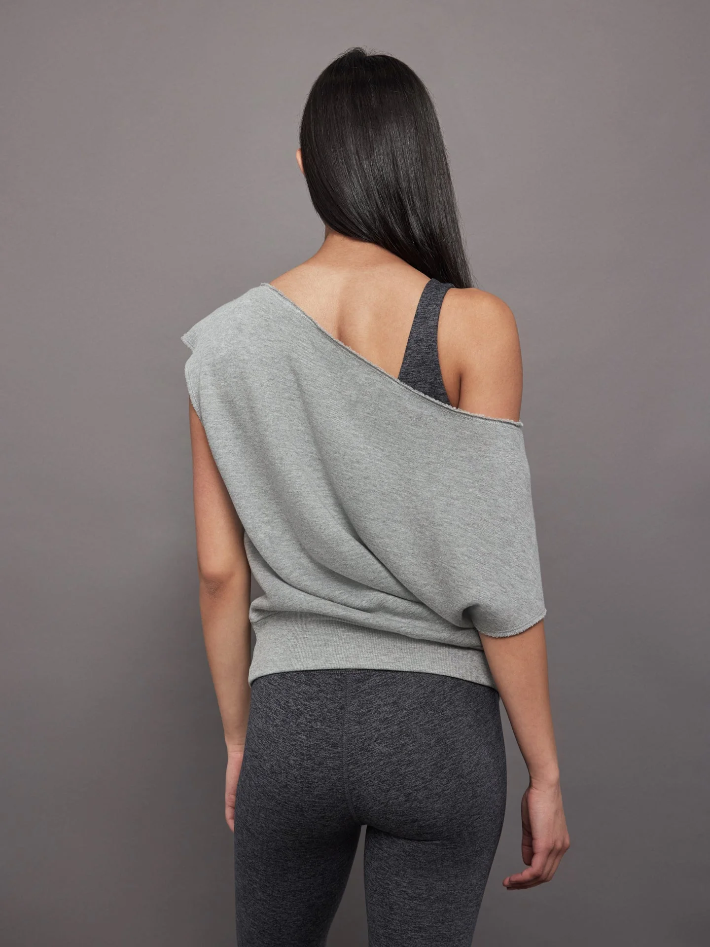 Carbon38 | Short Sleeve Off Shoulder Sweatshirt in French Terry | Heather Grey - Image 3
