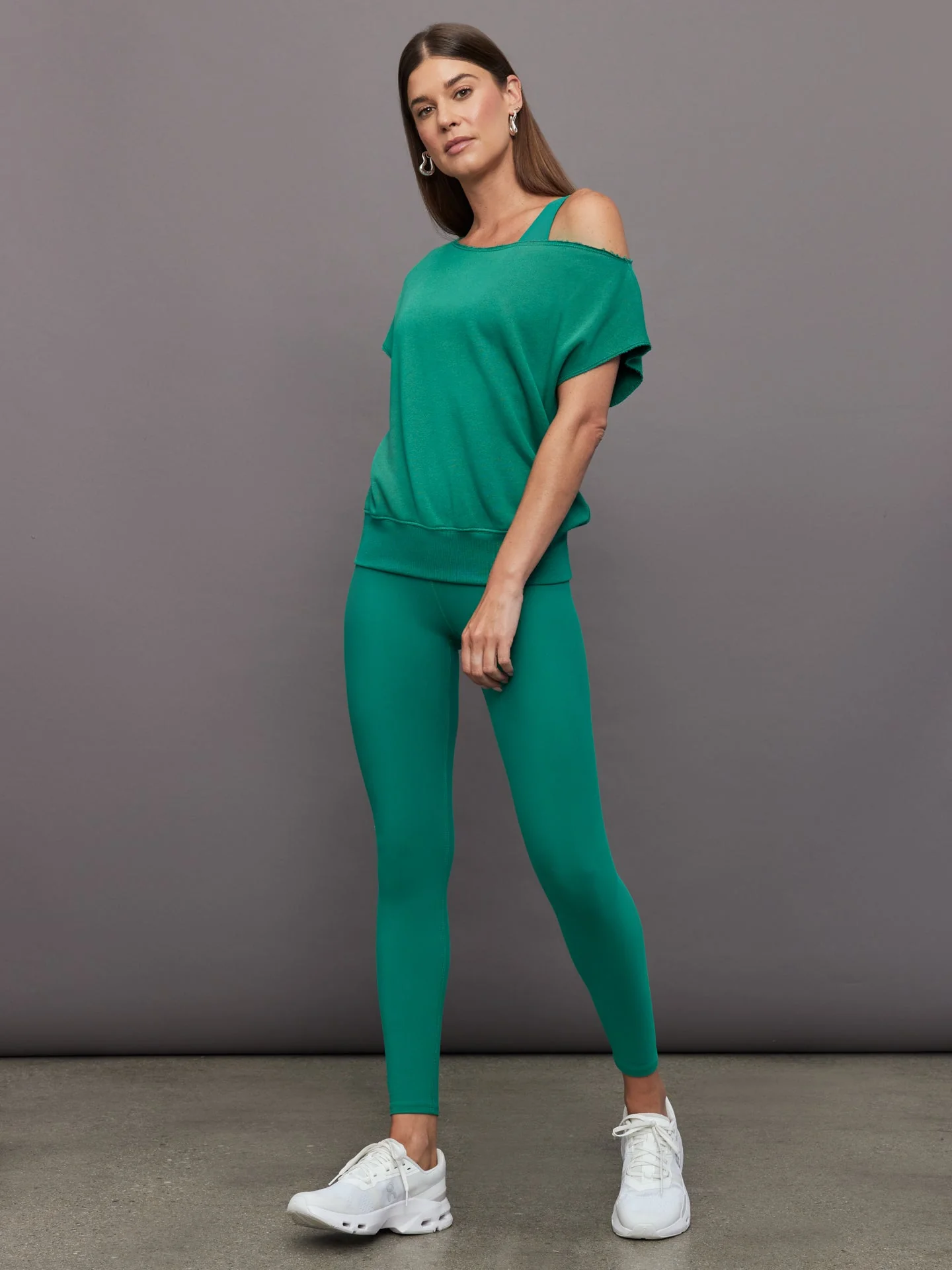 Carbon38 | Short Sleeve Off Shoulder Sweatshirt in French Terry | Malachite - Image 4