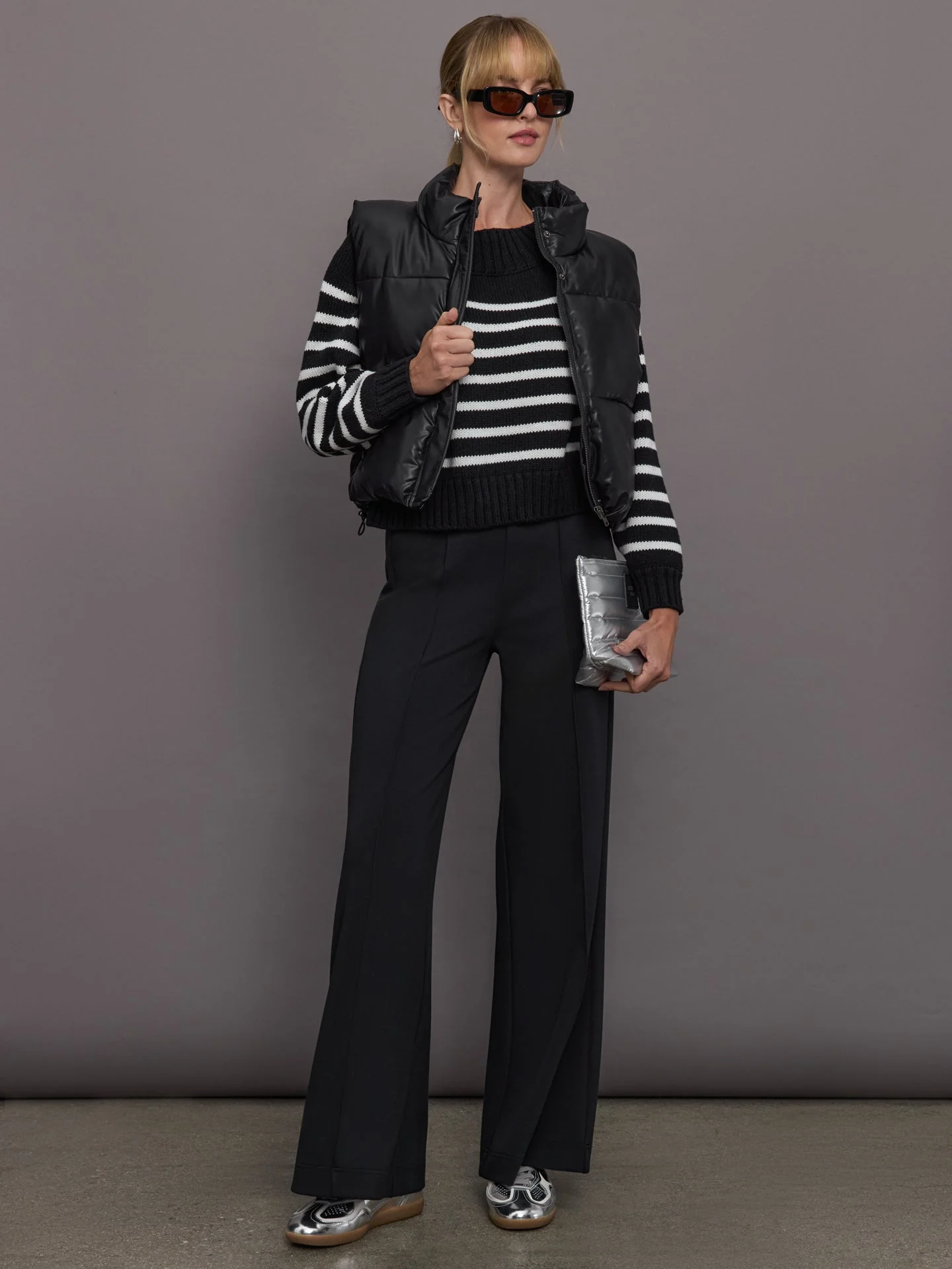 Carbon38 | Slouchy Off Shoulder Sweater | Black/White Stripe - Image 2