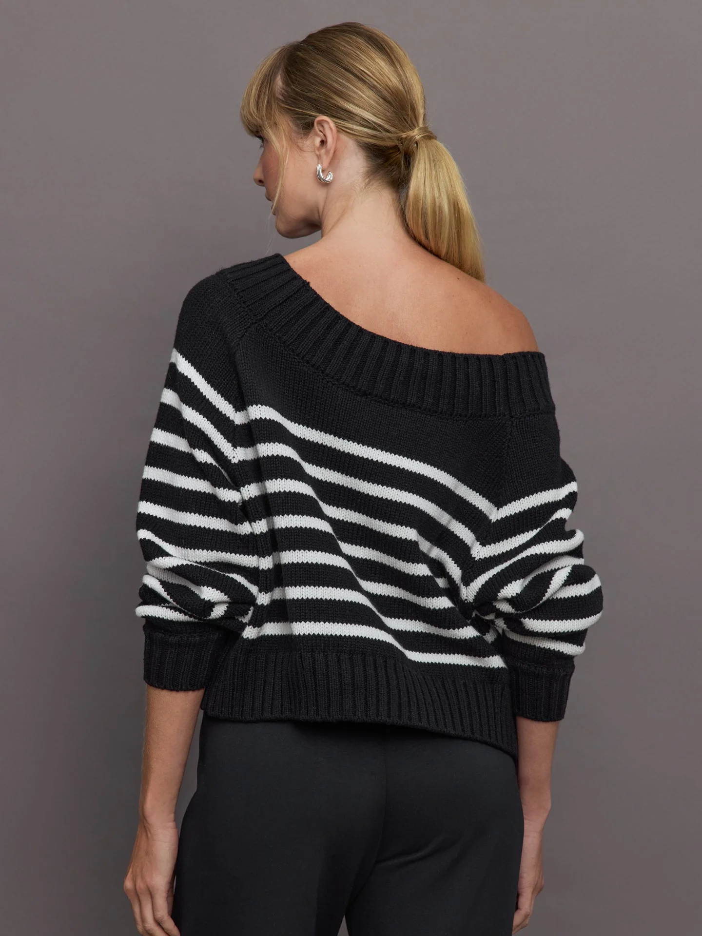 Carbon38 | Slouchy Off Shoulder Sweater | Black/White Stripe - Image 4