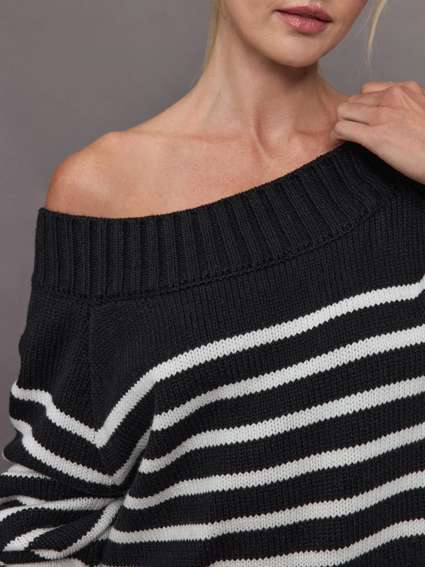Carbon38 | Slouchy Off Shoulder Sweater | Black/White Stripe - Image 5