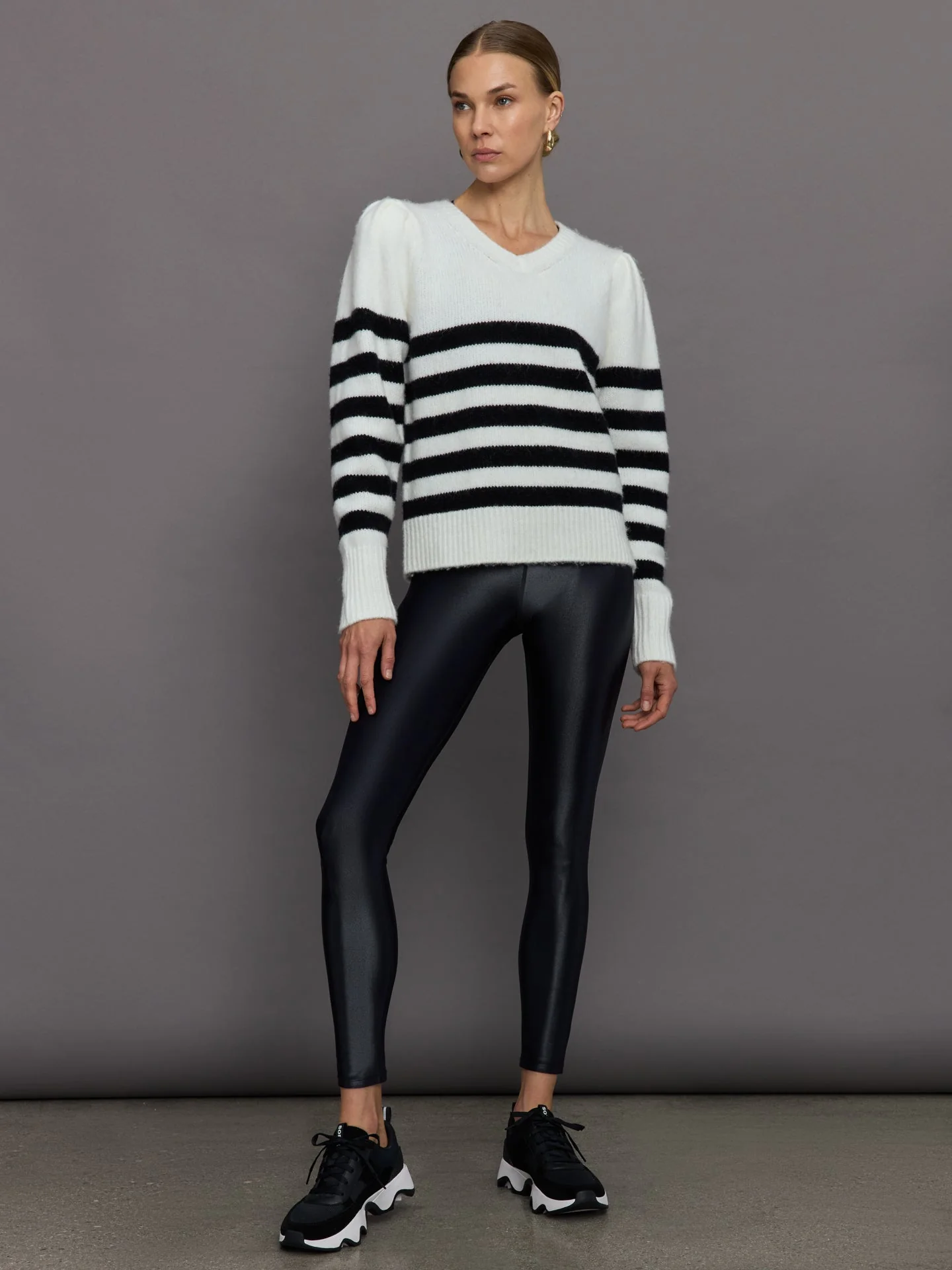 Carbon38 | Striped Puff Sleeve Sweater | Cream/Black - Image 2