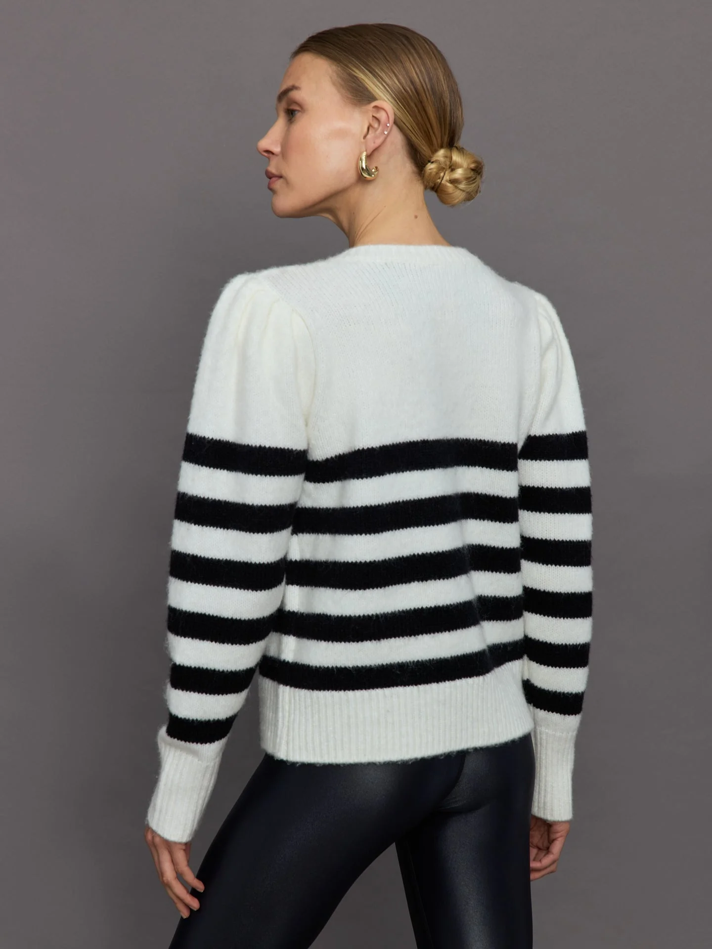 Carbon38 | Striped Puff Sleeve Sweater | Cream/Black - Image 5