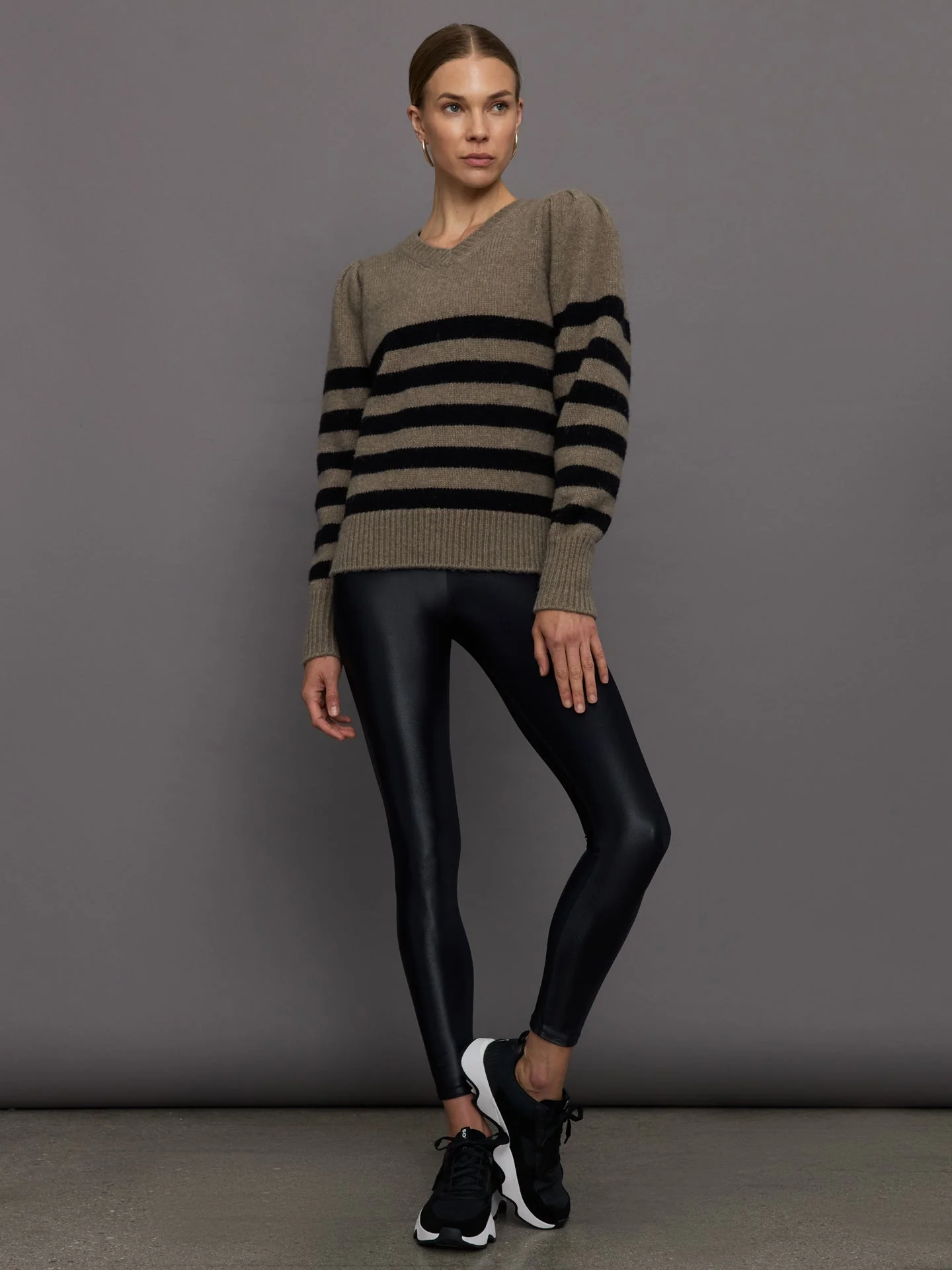 Carbon38 | Striped Puff Sleeve Sweater | Stone/Black - Image 2