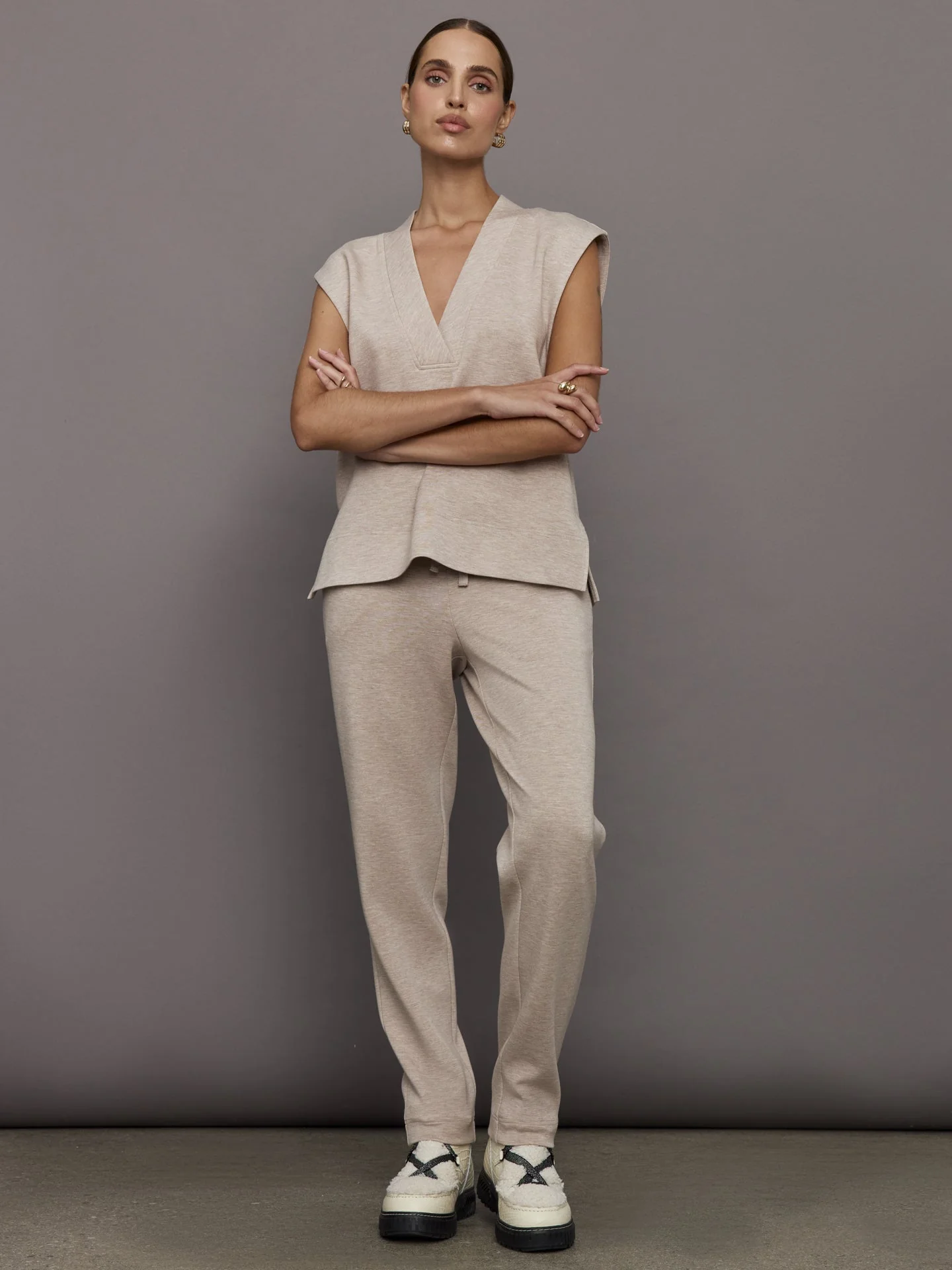 Carbon38 | V Neck Knit Vest in Interlock | Taupe Heather - Image 2