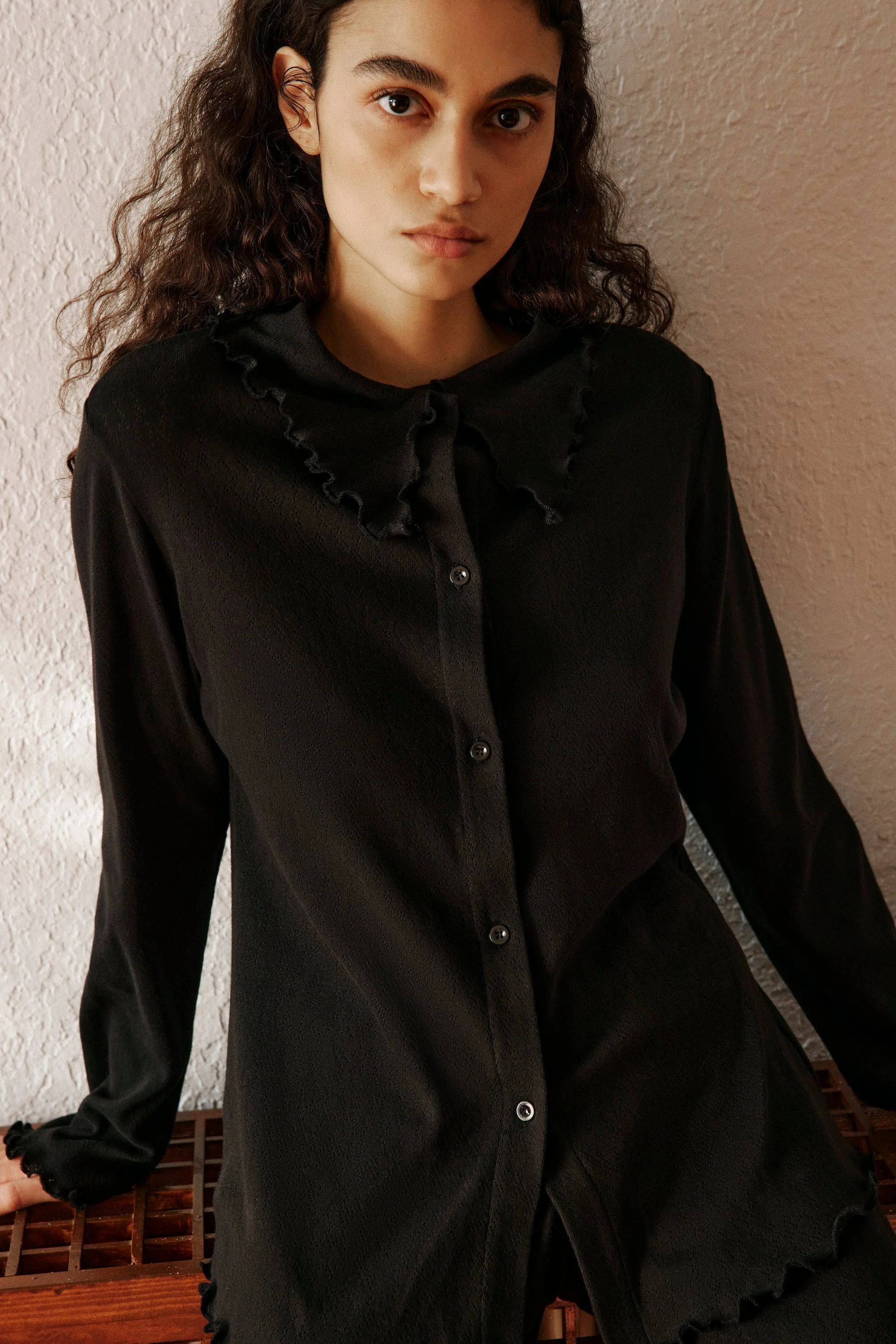 Pointelle Shirt Top | Black - Image 2