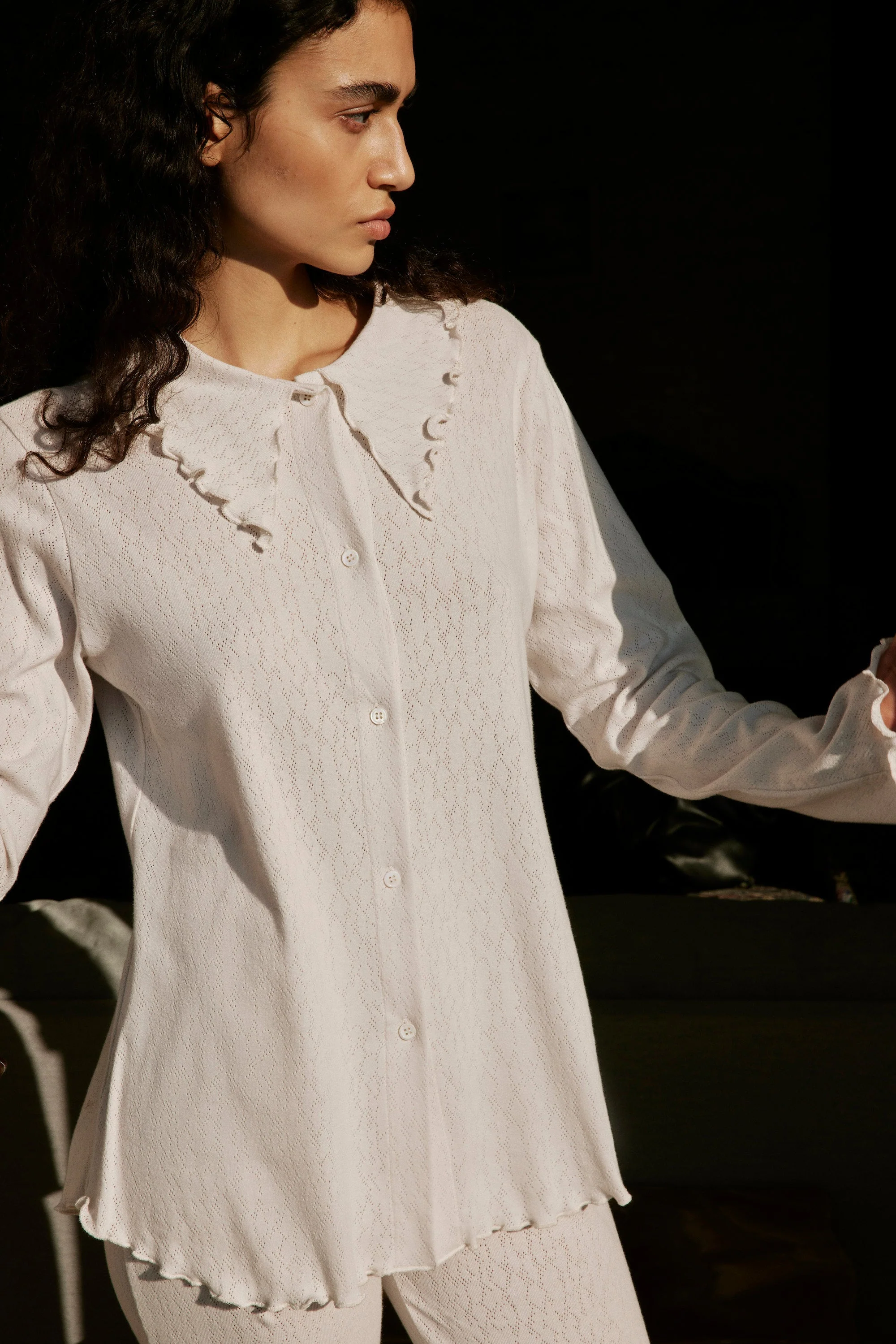 Pointelle Shirt Top | Chalk - Image 2