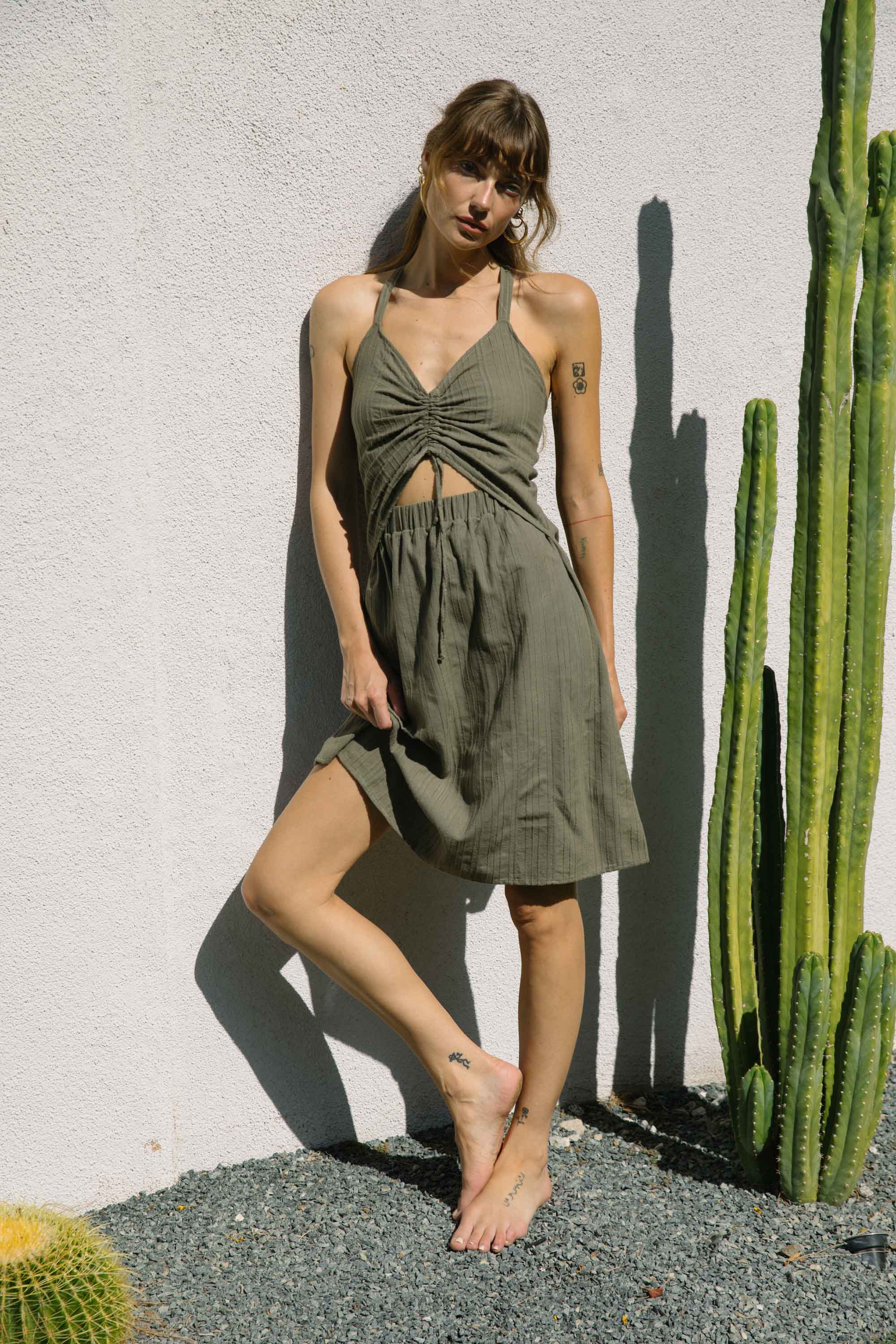 Ponza Ruched Front Dress | Khaki - Image 2