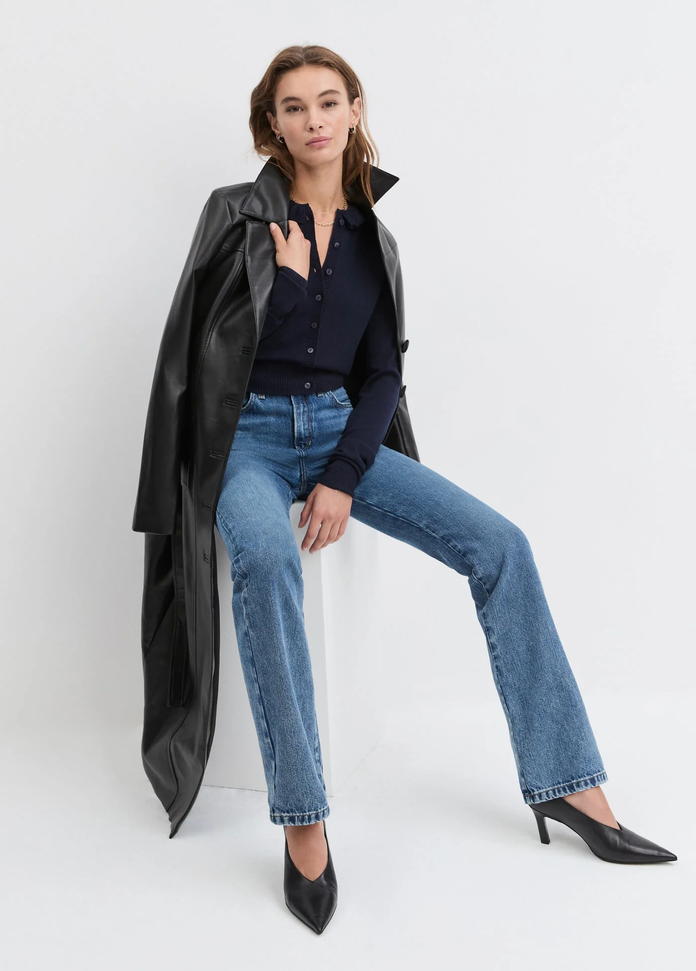 Vegan Leather Belted Coat | Black - Image 3