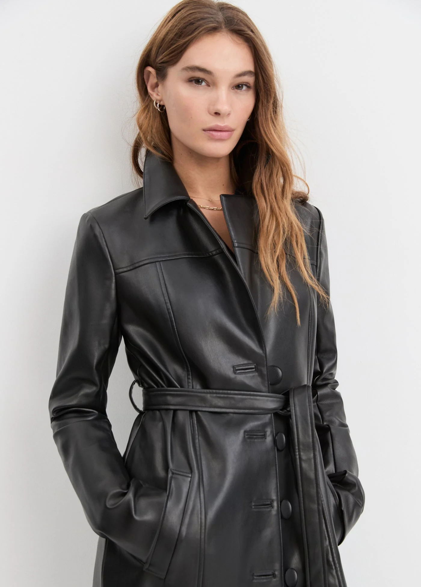 Vegan Leather Belted Coat | Black - Image 4