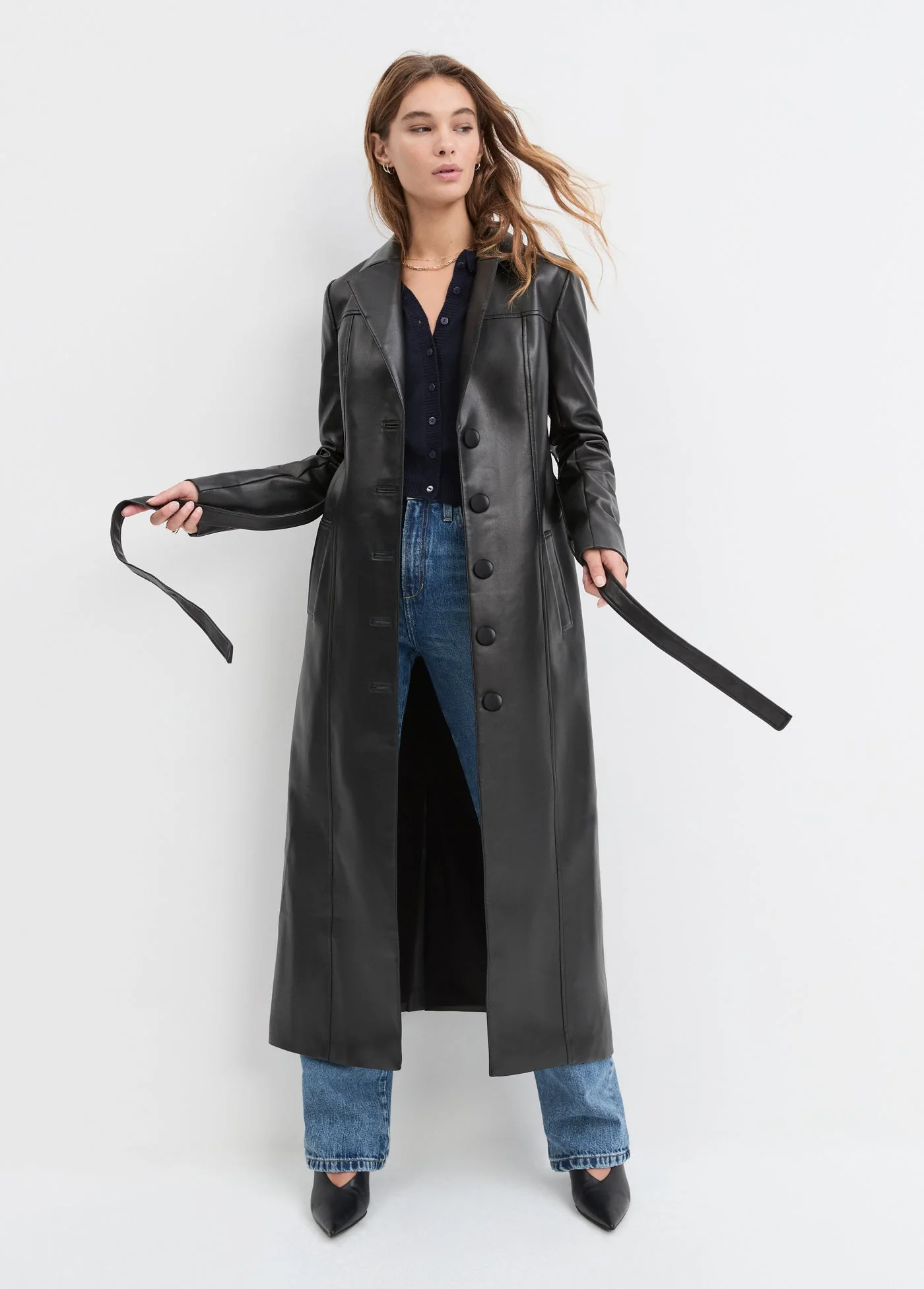 Vegan Leather Belted Coat | Black - Image 5