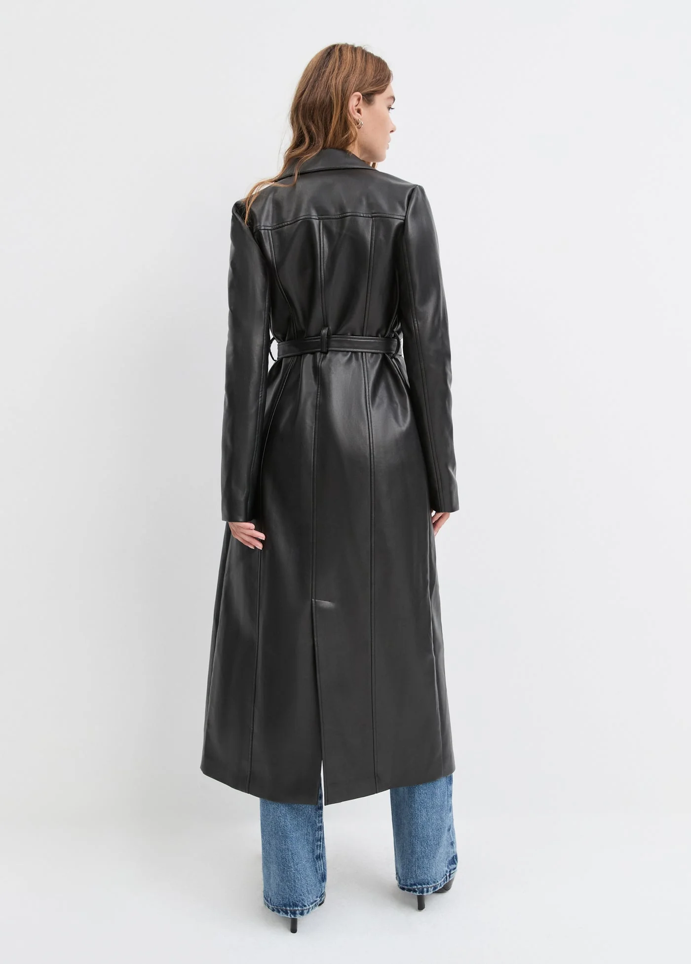 Vegan Leather Belted Coat | Black - Image 6