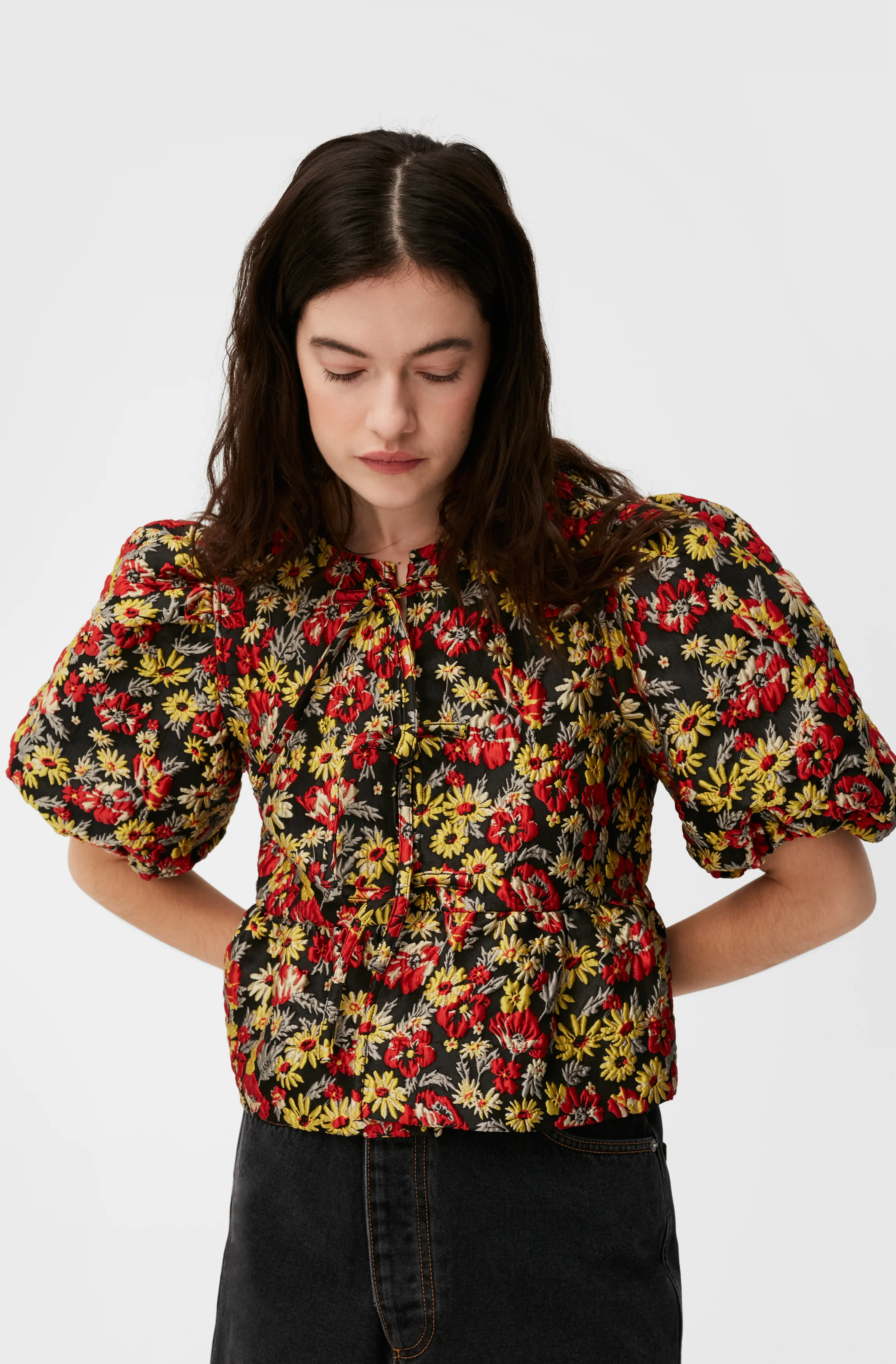 3D Jacquard Peplum Blouse | Meadow Black - Image 3