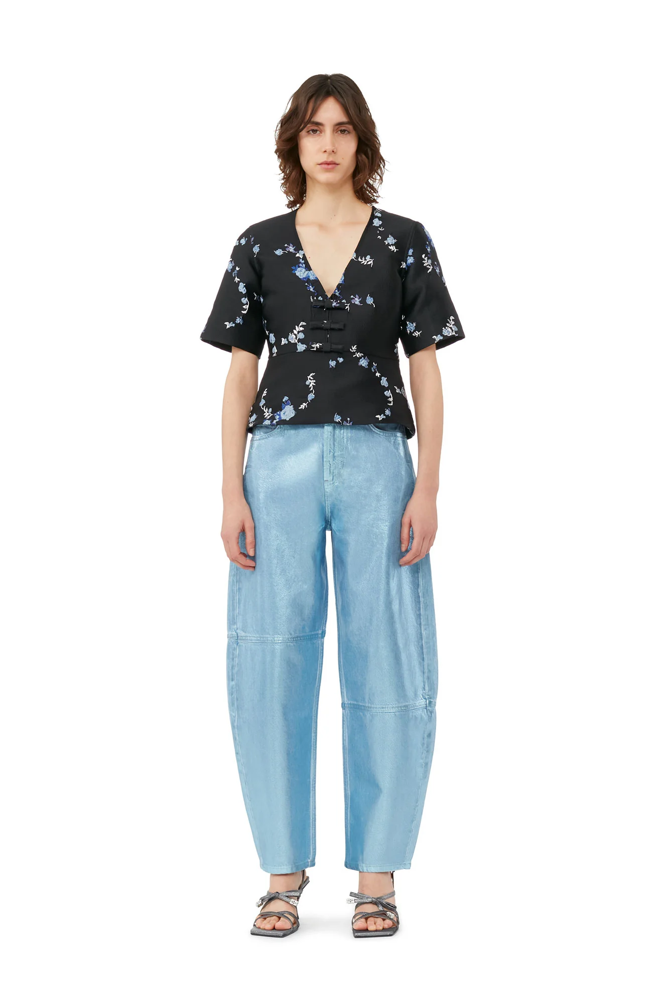 3D Jacquard V-Neck Blouse | Black/Blue - Image 2