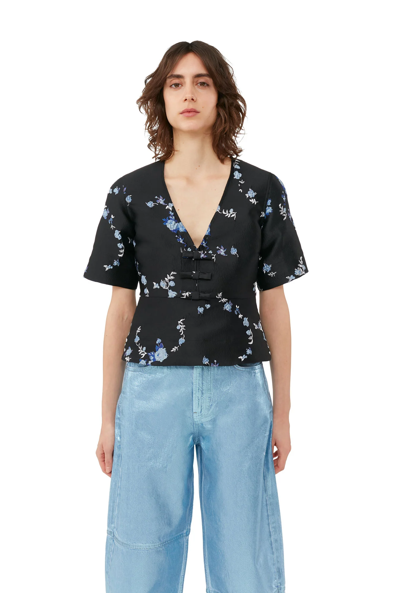 3D Jacquard V-Neck Blouse | Black/Blue - Image 5