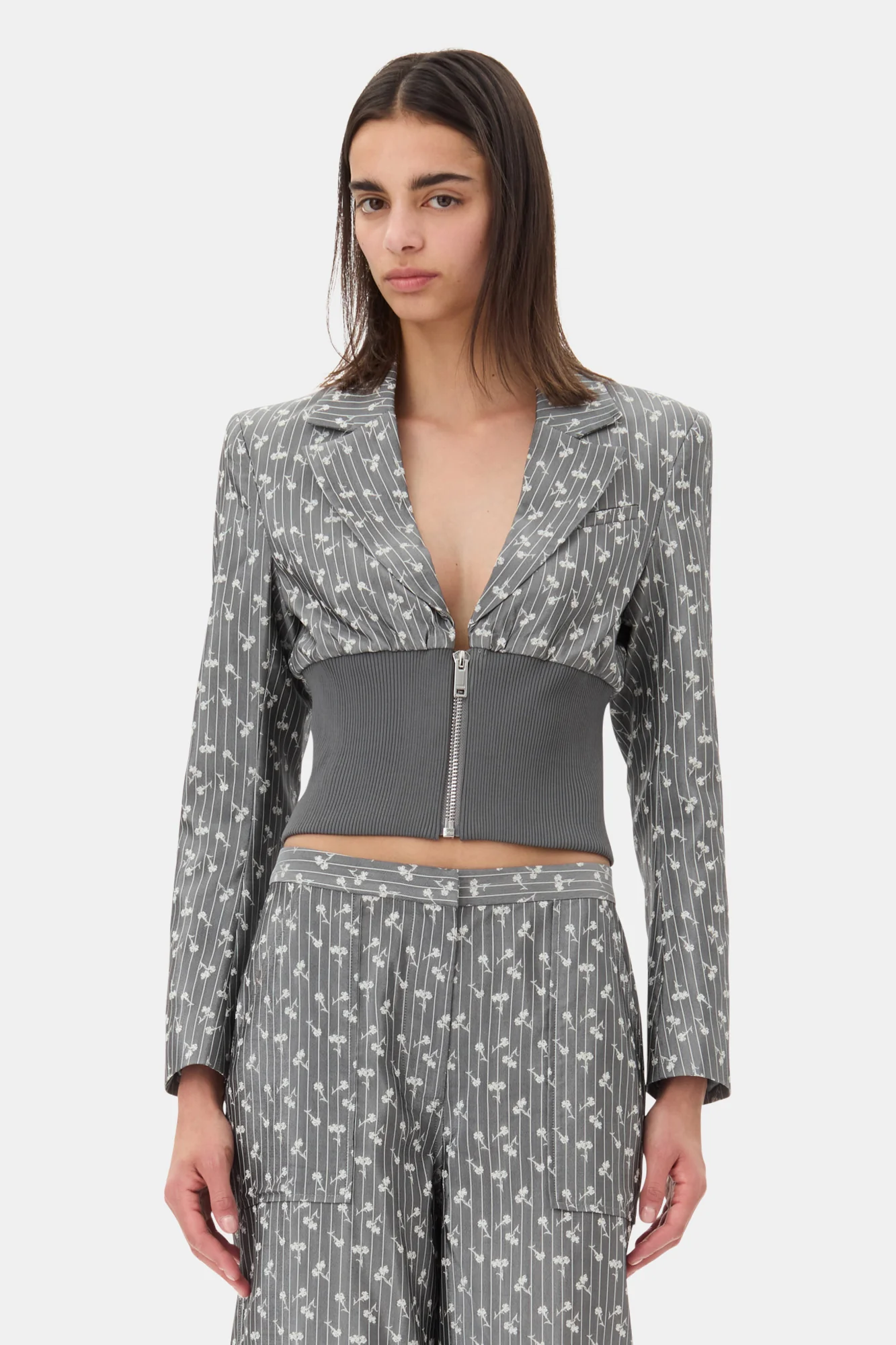 Acetate Jacquard Cropped Blazer | Smoked Pearl - Image 3