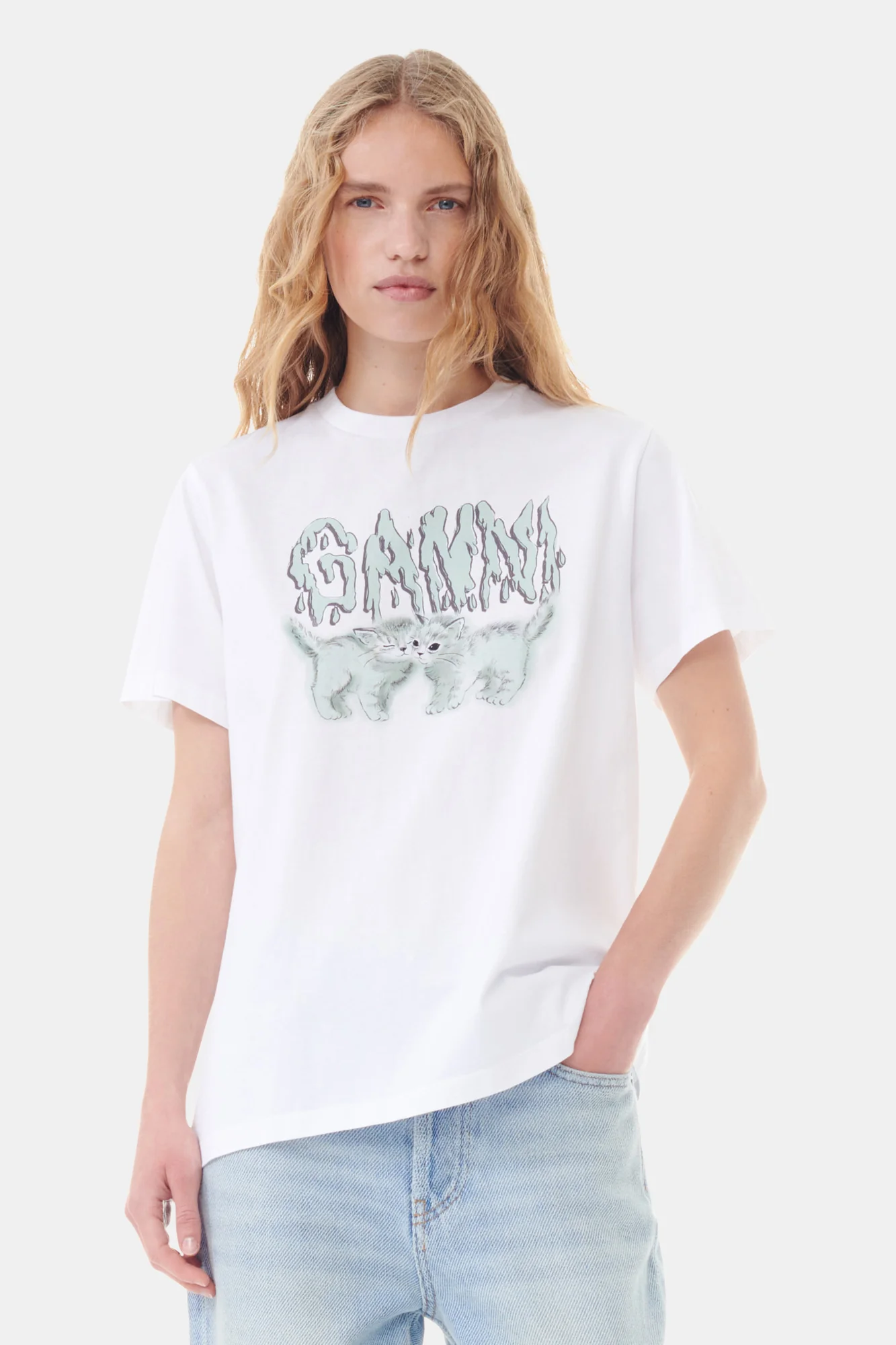 Basic Jersey Love Cats Relaxed T-Shirt | Bright White - Image 3