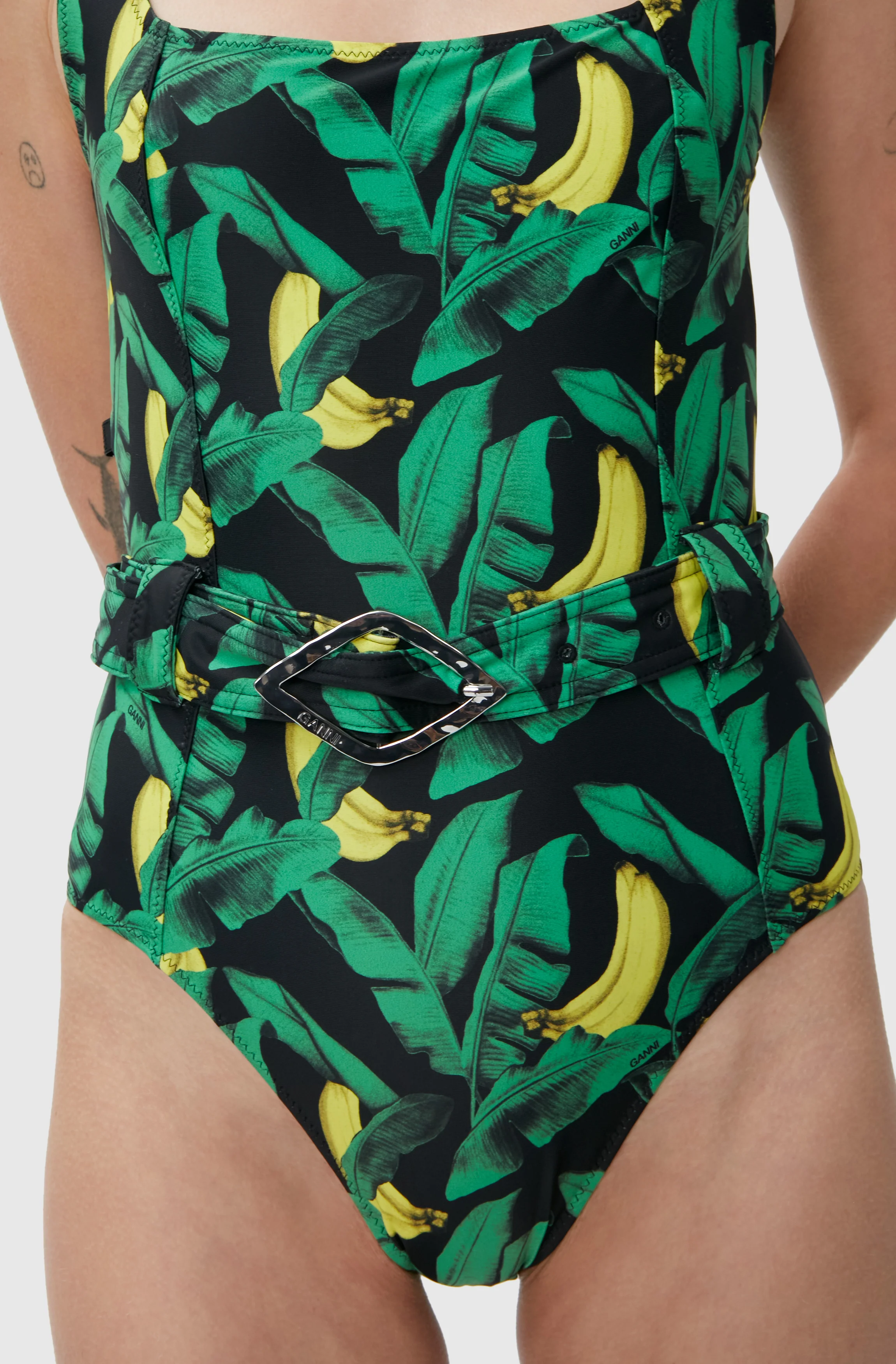 Belted One-Piece Swimsuit | Banana Tree Black - Image 5