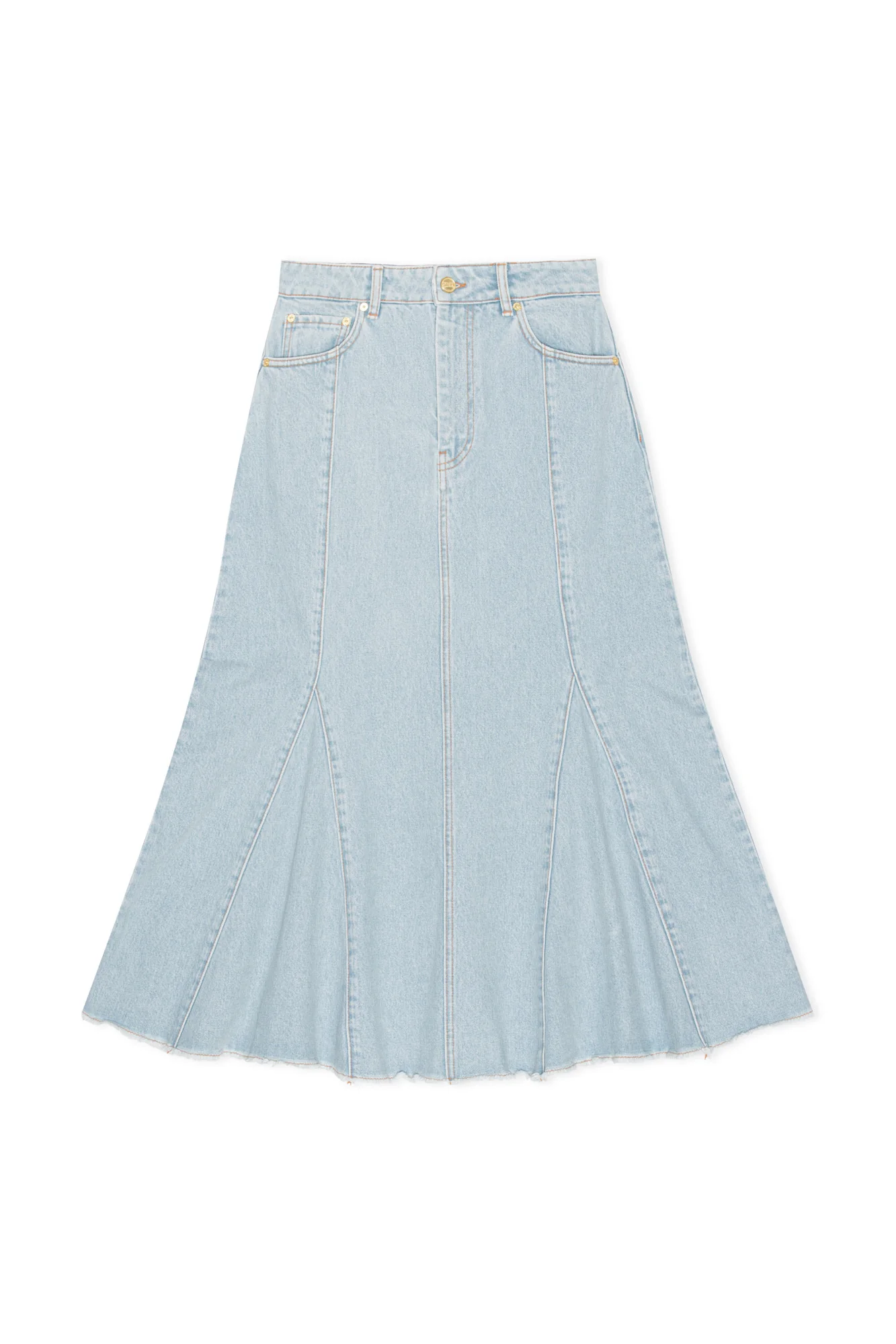 Bleach Denim Peplum Midi Skirt | Light Blue Stone