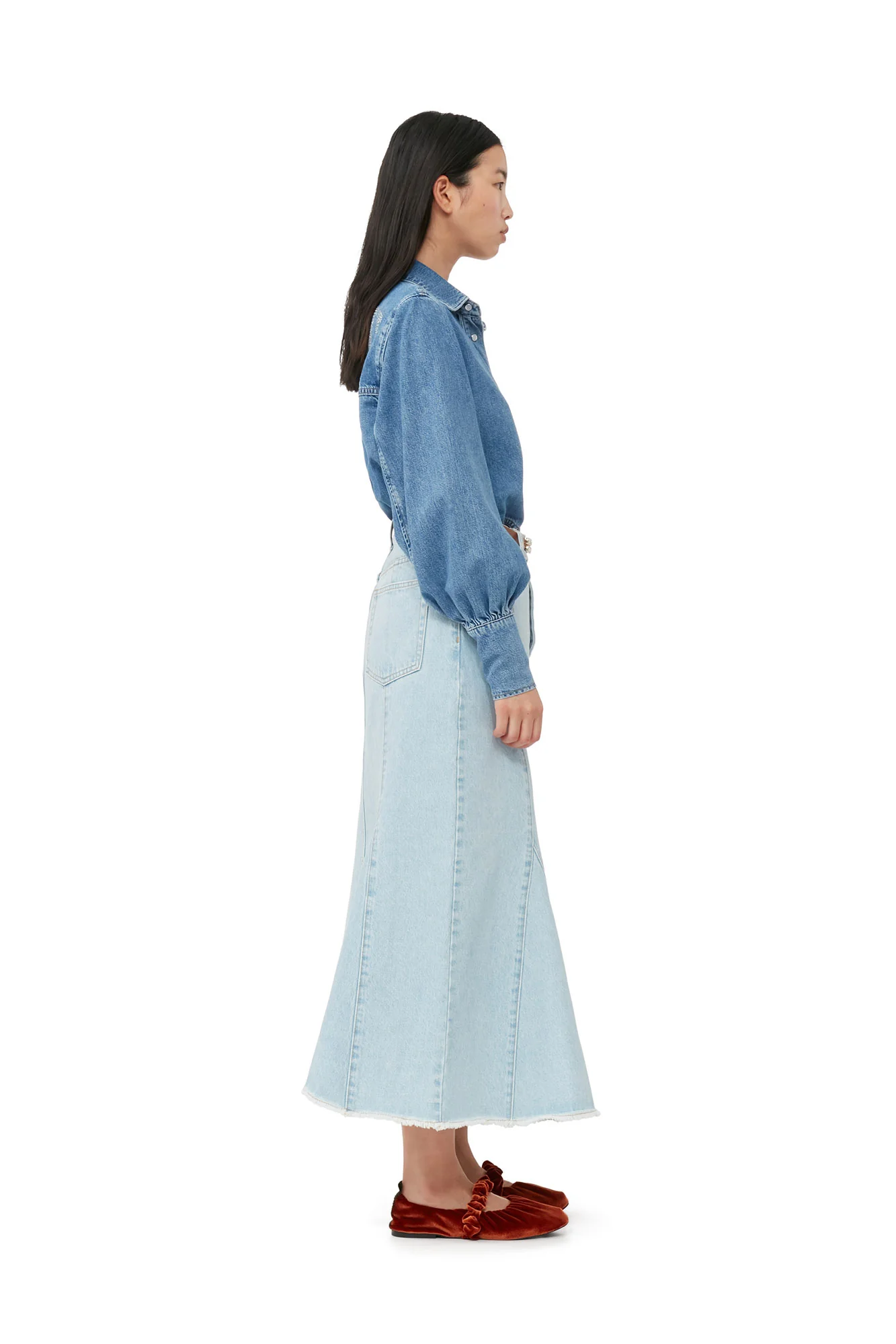 Bleach Denim Peplum Midi Skirt | Light Blue Stone - Image 6