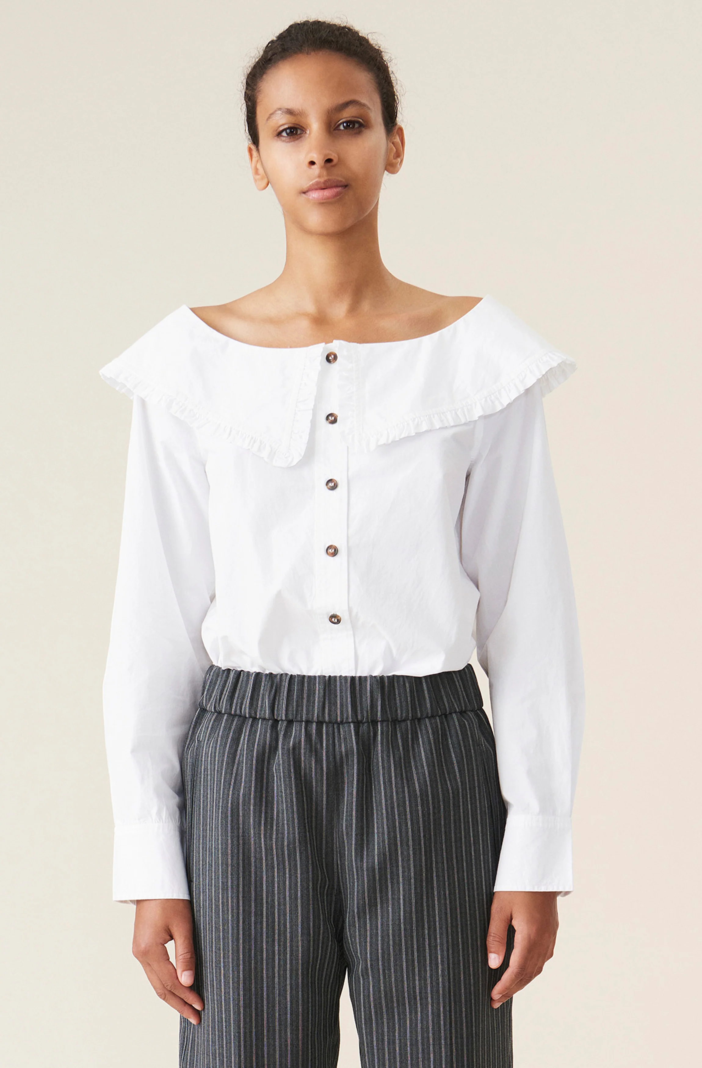 Boat-Neck Signature Collar Cotton Poplin Shirt | Bright White - Image 2