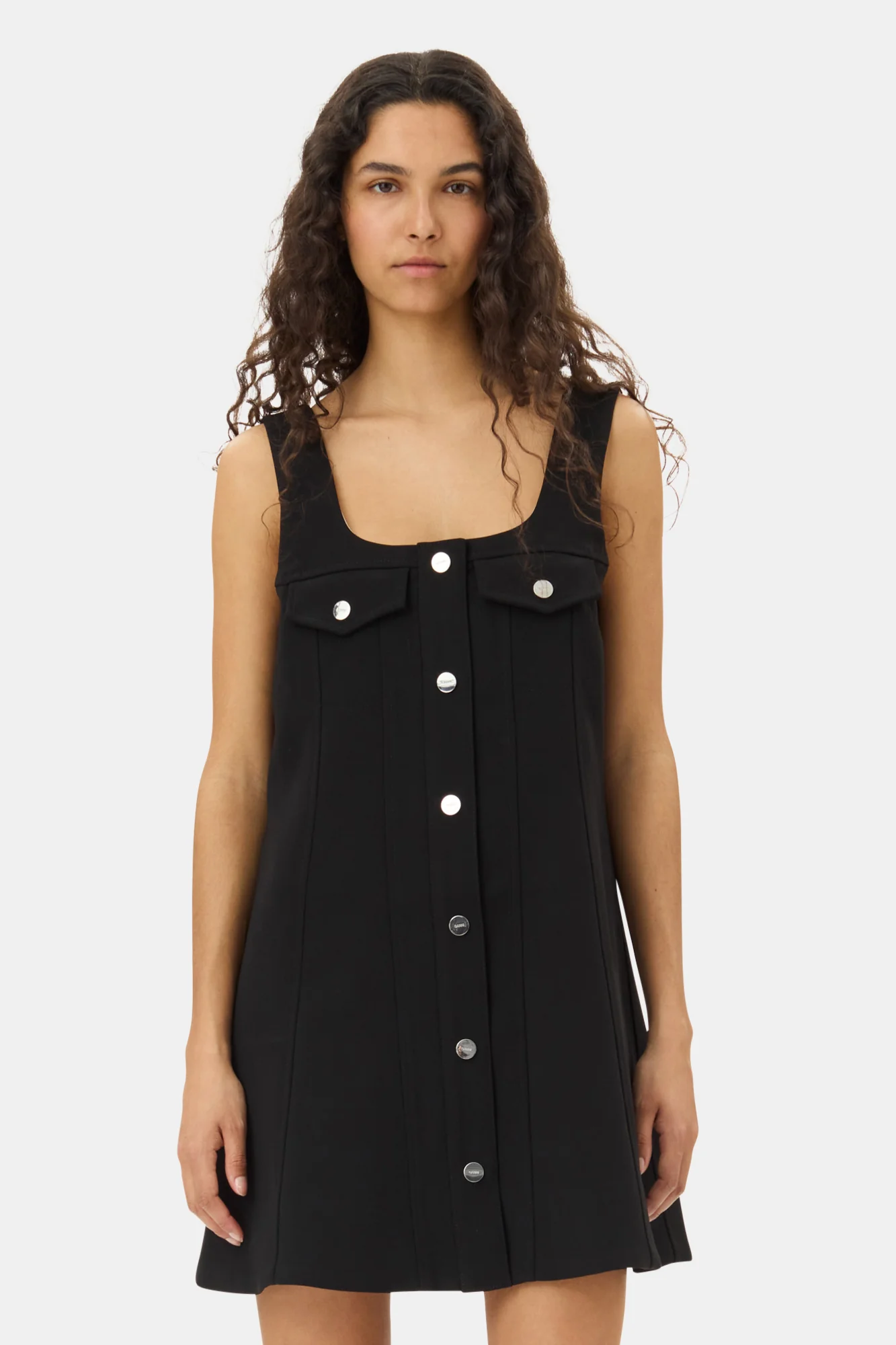 Bonded Crepe Button Closure Mini Dress | Black - Image 4