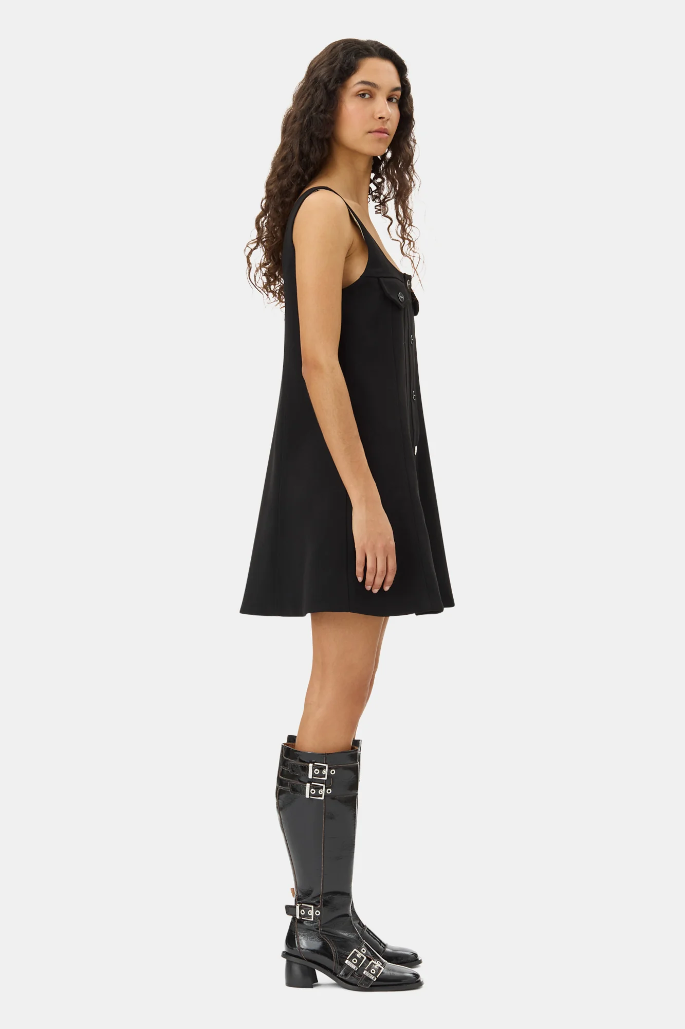 Bonded Crepe Button Closure Mini Dress | Black - Image 5