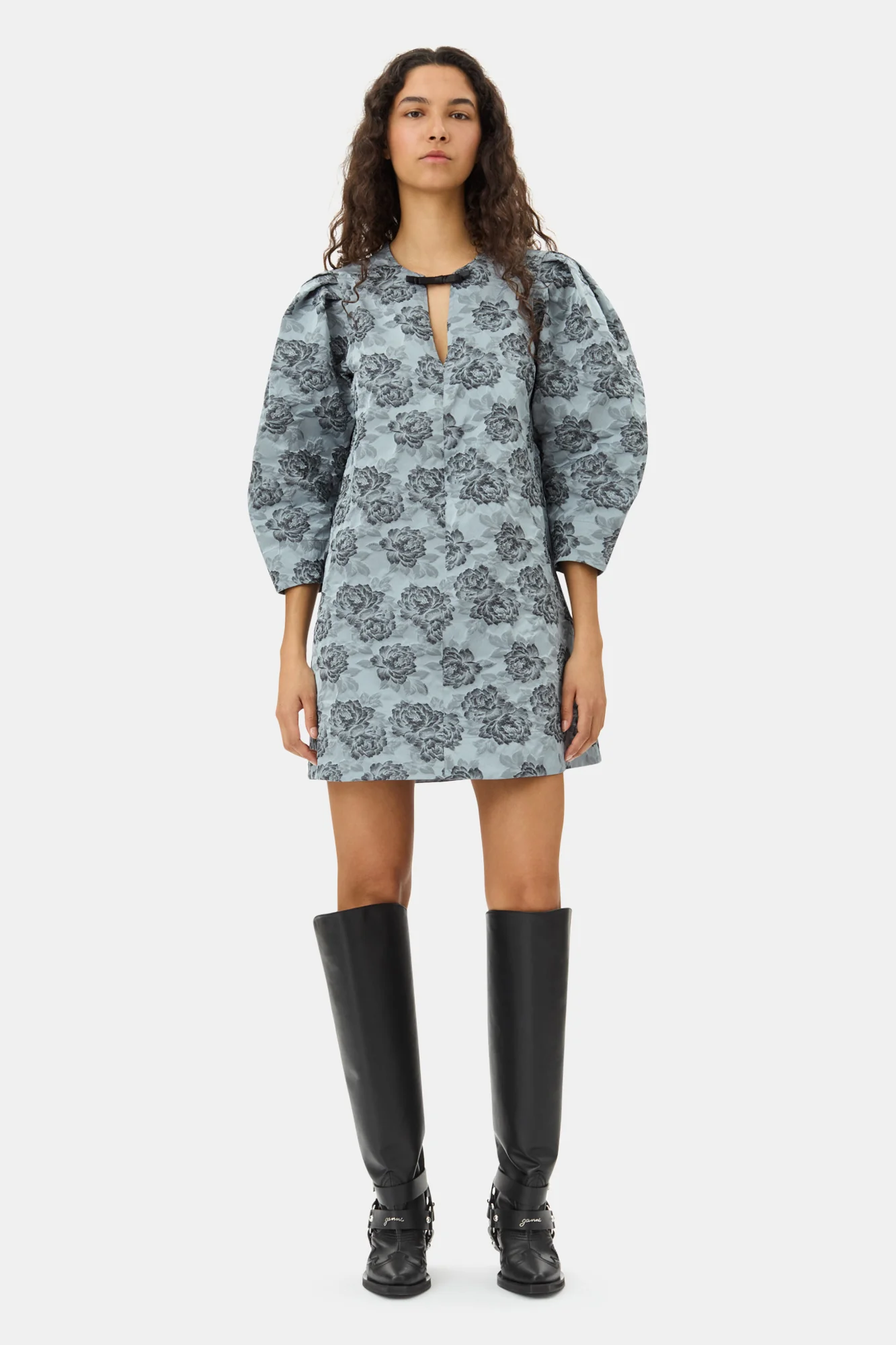 Botanical Jacquard A-shaped Mini Dress | Illusion Blue - Image 3