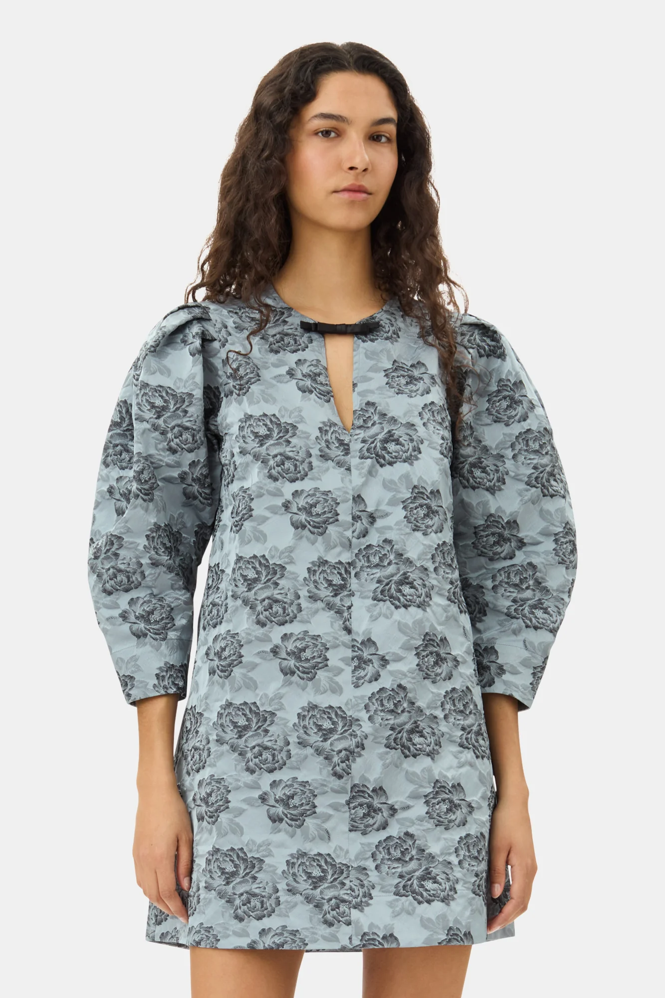 Botanical Jacquard A-shaped Mini Dress | Illusion Blue - Image 4