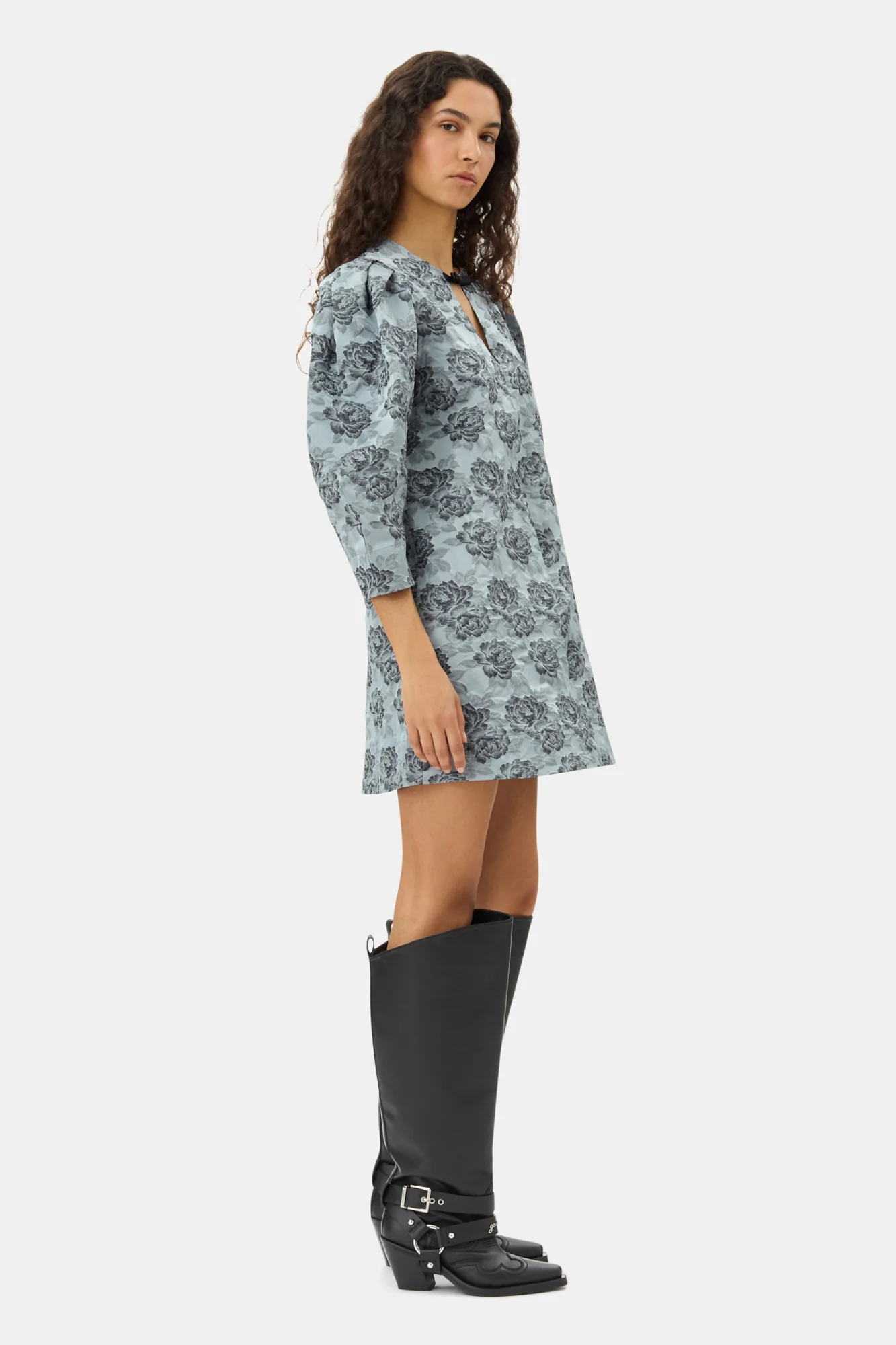 Botanical Jacquard A-shaped Mini Dress | Illusion Blue - Image 5